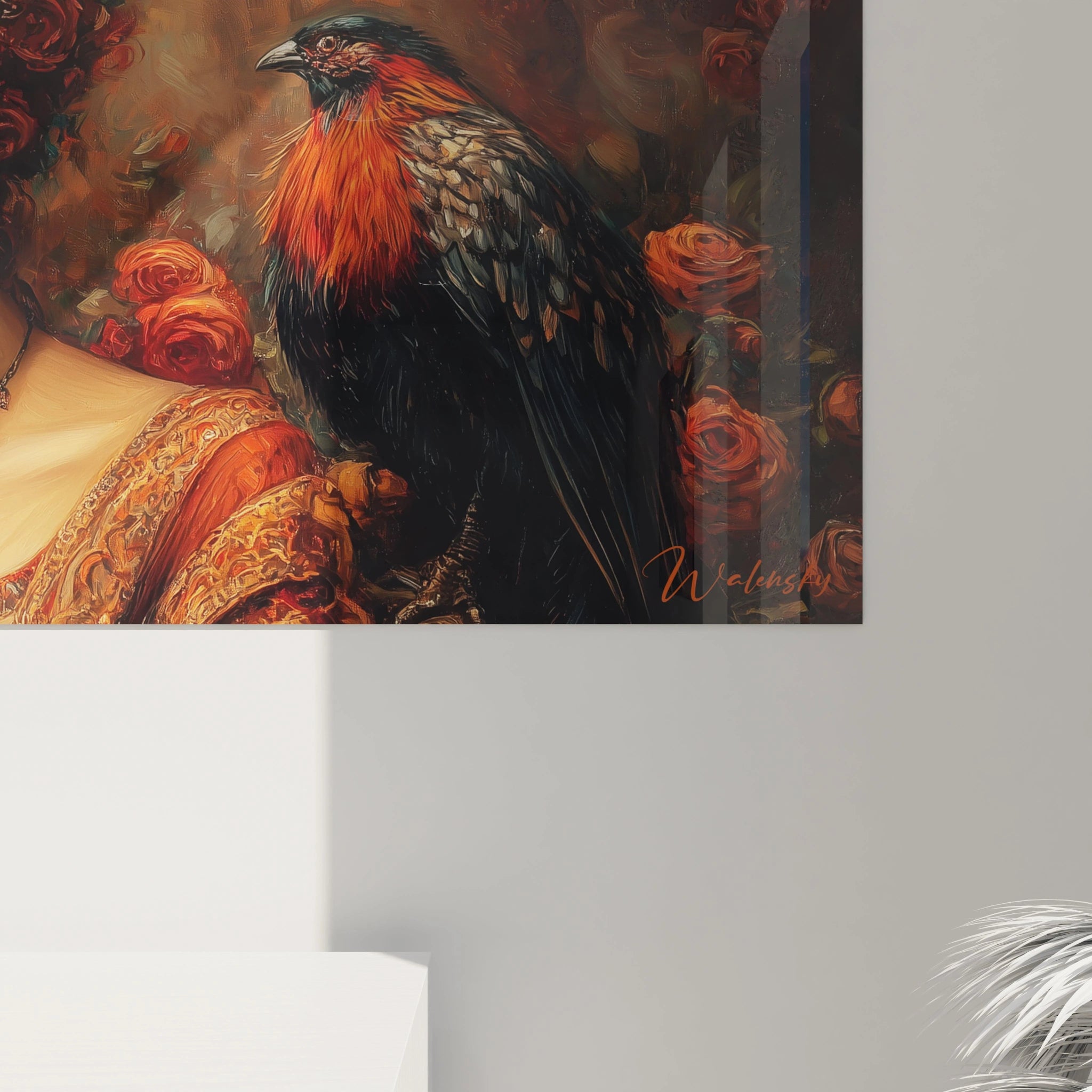 Walensky tableau couple amour fleuri peinture murale oiseau noir et rouge sur fond de roses et robe ornée