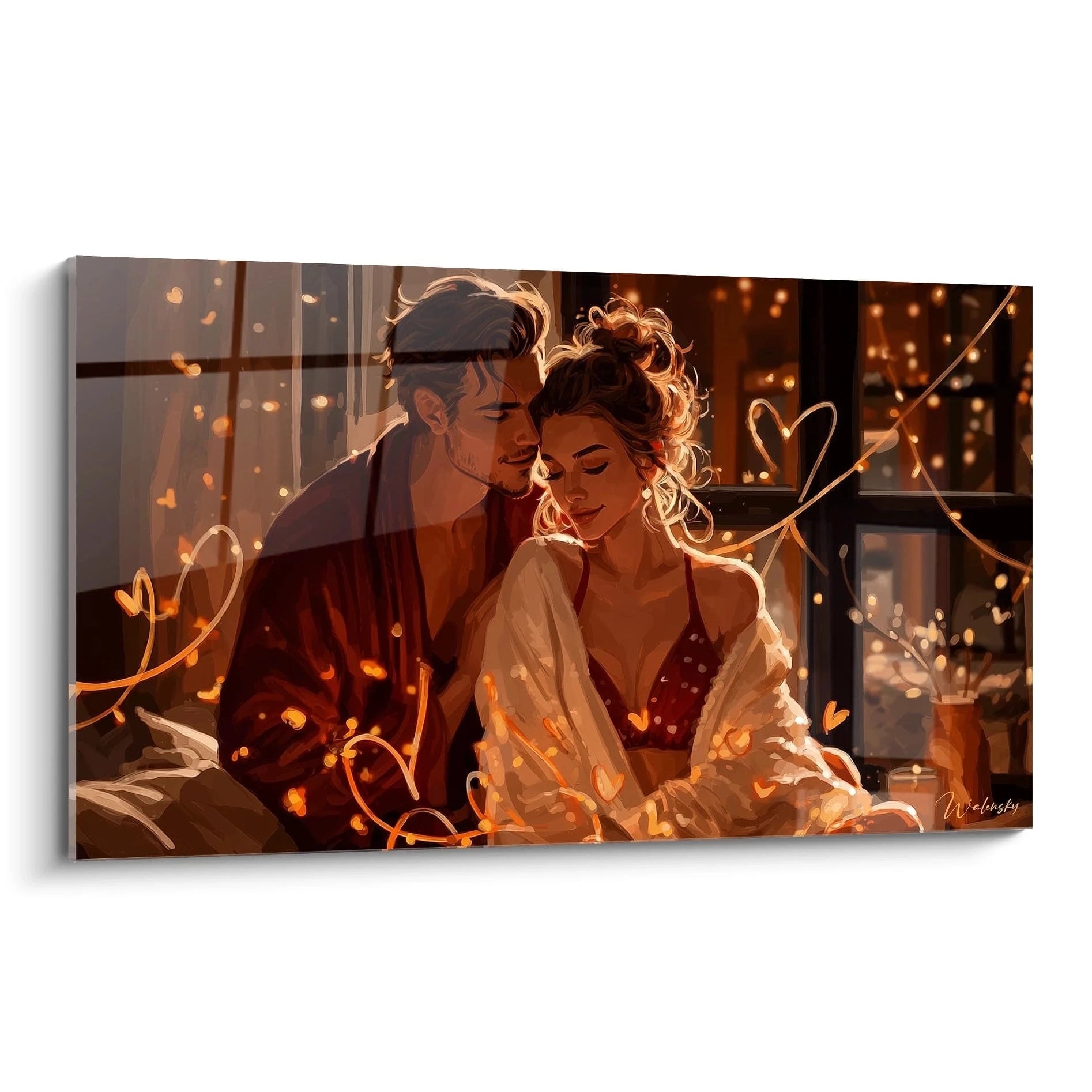 tableau couple amour lumineux Walensky peinture murale romantique couple enlacé au lit avec guirlandes lumineuses