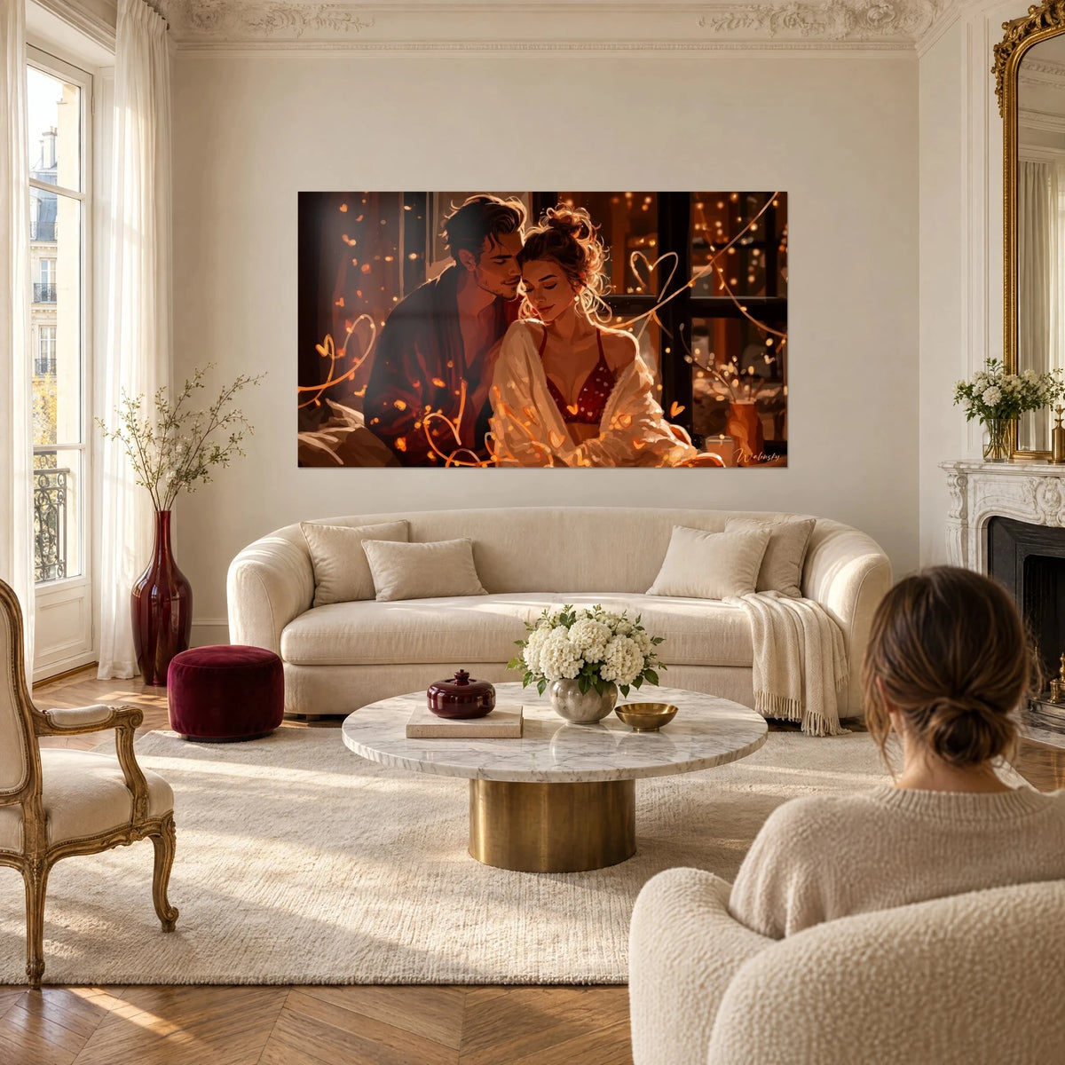 Tableau couple enlacé en peignoir bordeaux et ivoire, cœurs lumineux ambrés, au-dessus d'un canapé dans un salon lumineux