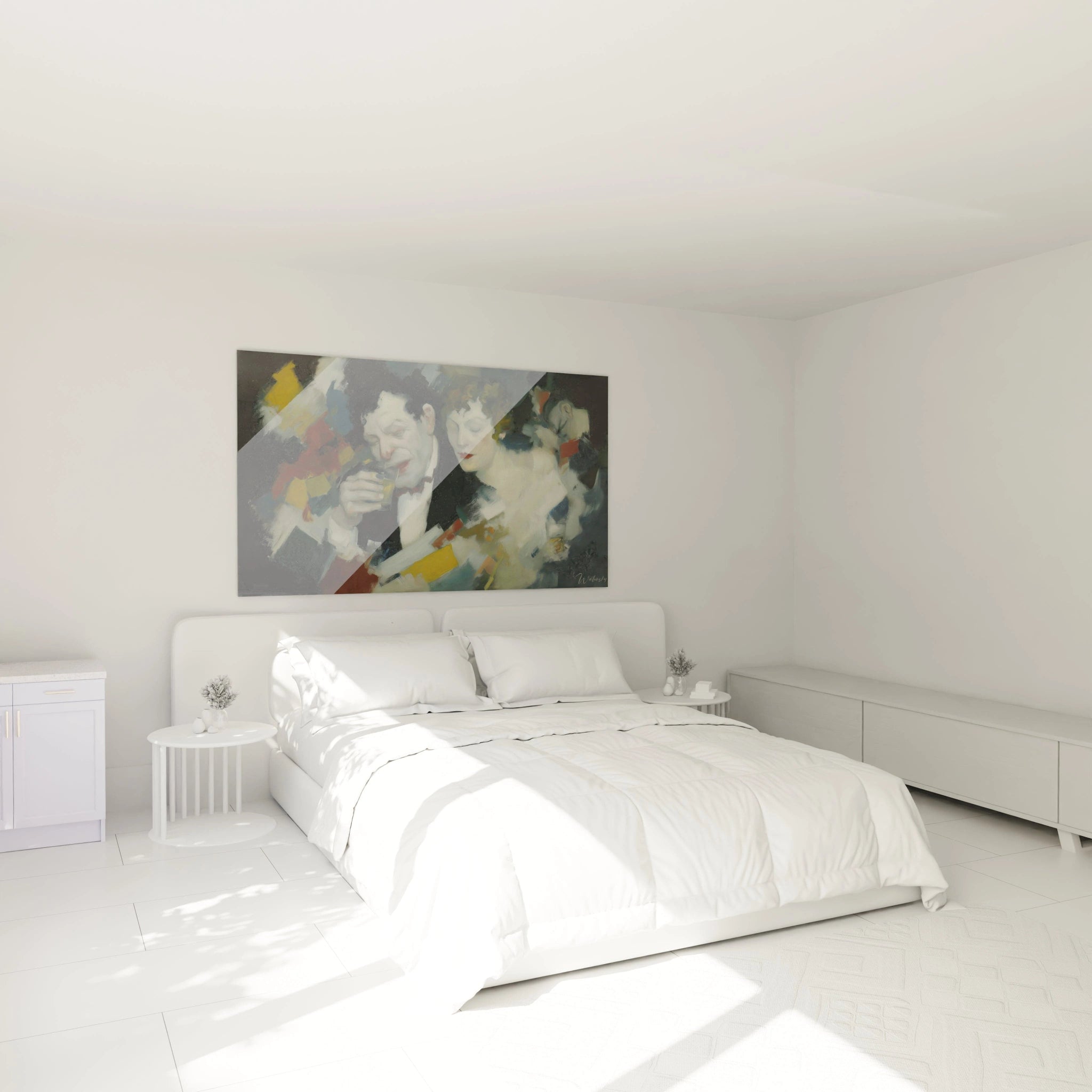 tableau couple dadaïsme Walensky grand tableau abstrait accroché au dessus d un lit dans une chambre blanche minimaliste