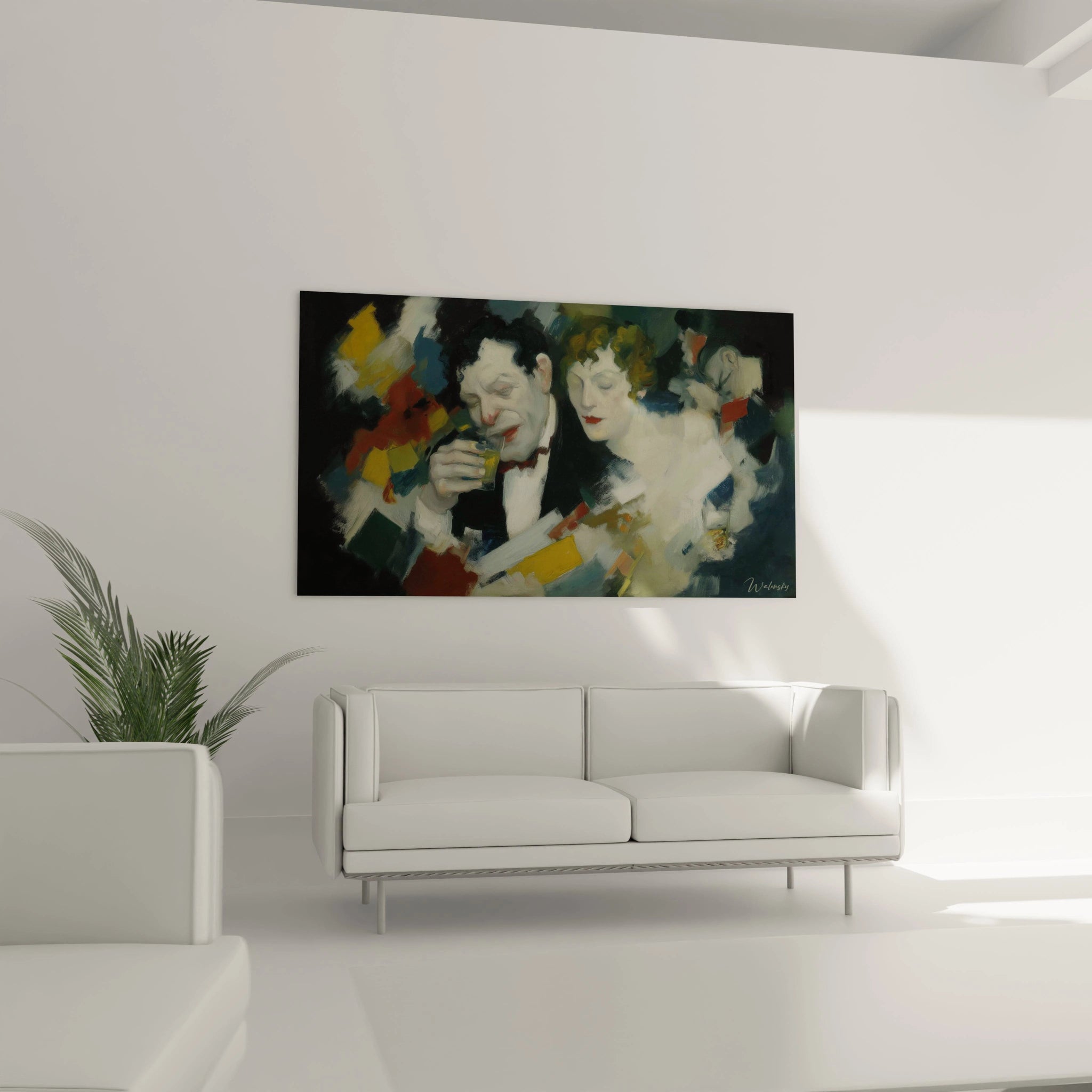 tableau couple dadaïsme Walensky peinture murale colorée d un couple abstrait au dessus d un canapé blanc moderne