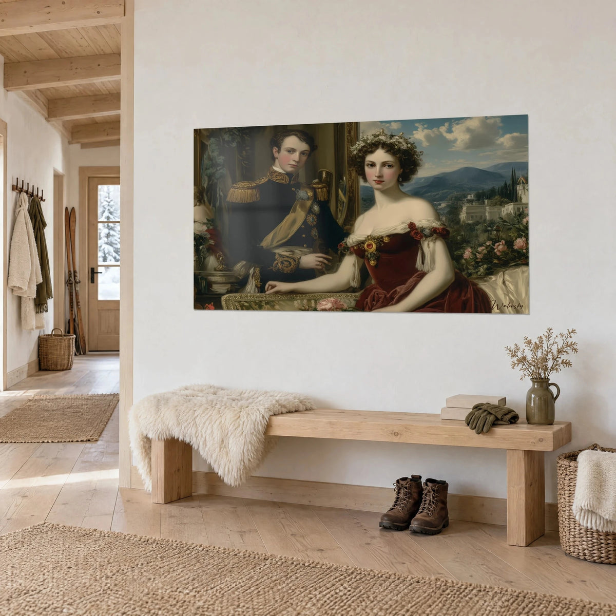 Quadro ritratto neoclassico di un ufficiale con spalline dorate e la sua compagna incoronata di fiori, panca in legno, chalet