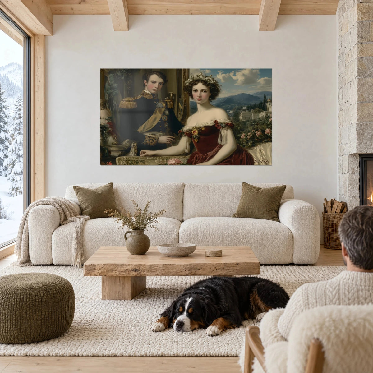 Quadro coppia aristocratica in abito d'apparato, velluto bordeaux e oro, sopra un divano in un soggiorno luminoso