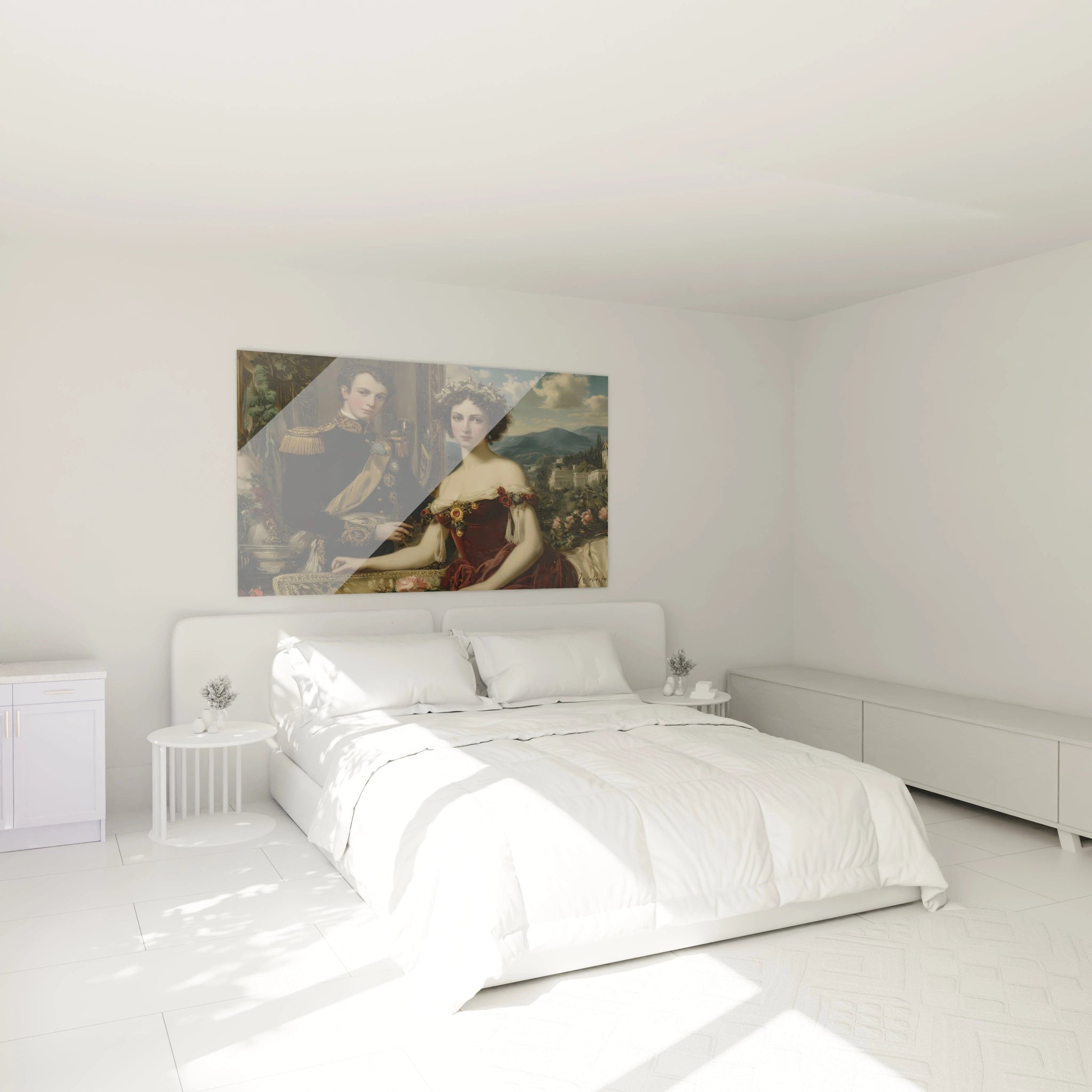 Chambre blanche minimaliste avec un tableau couple aristocratique Walensky accroché au dessus du lit