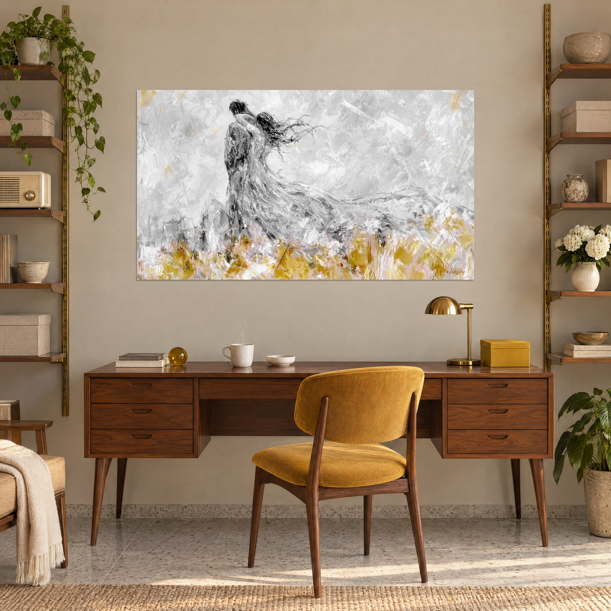 Wall art of a tender kiss between two lovers, silvery dress train, off-white and golden yellow background, above a wooden desk