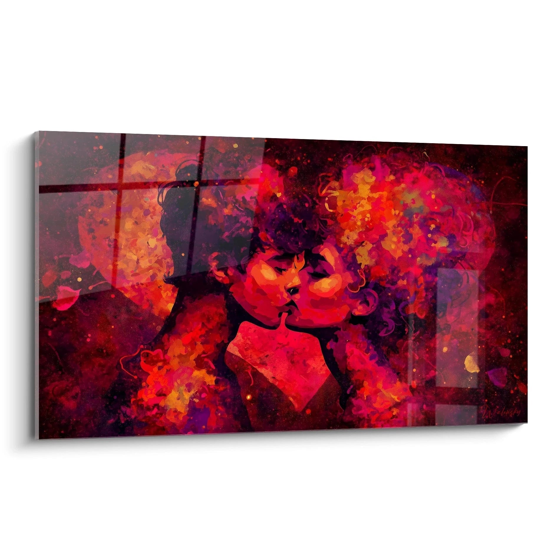 Tableau mural Walensky représentant un tableau couple baiser passionné en peinture abstraite rouge et orange pour déco romantique