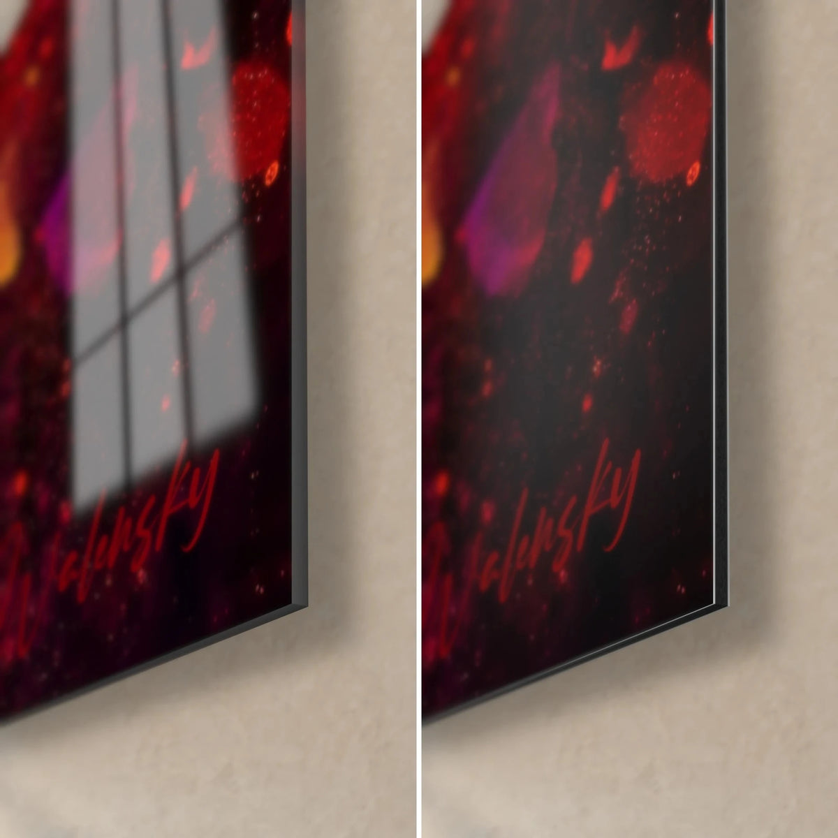 Schilderij van geliefden die elkaar kussen, rechtsonder: glanzend glas met reflecties links, mat zwart en rood Dibond-aluminium rechts, rand van 3 mm