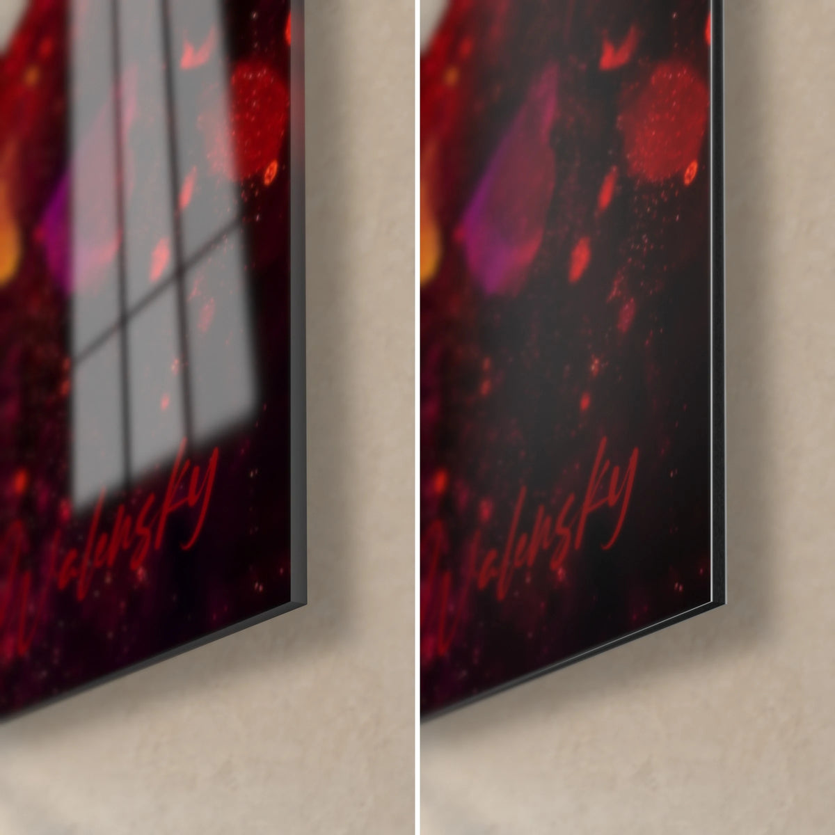 Cuadro de enamorados besándose, esquina inferior derecha: cristal brillante con reflejos a la izquierda, aluminio Dibond mate negro y rojo a la derecha, canto de 3 mm