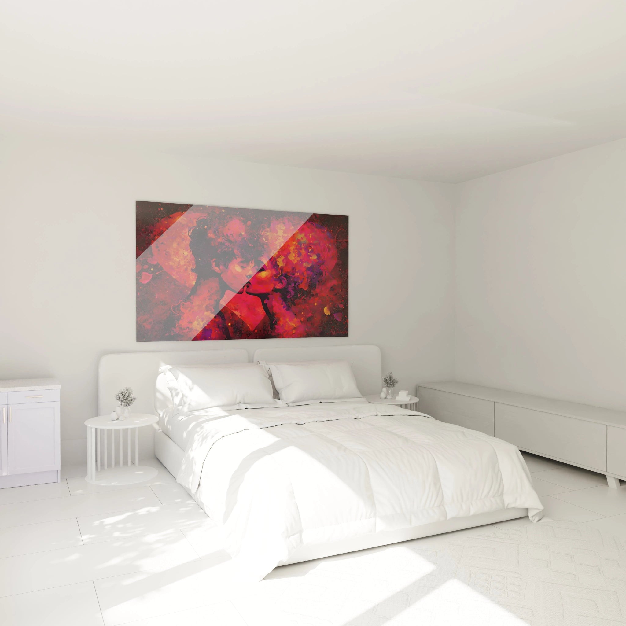 Tableau mural Walensky montrant un tableau couple baiser passionné rouge abstrait accroché au dessus du lit blanc minimaliste