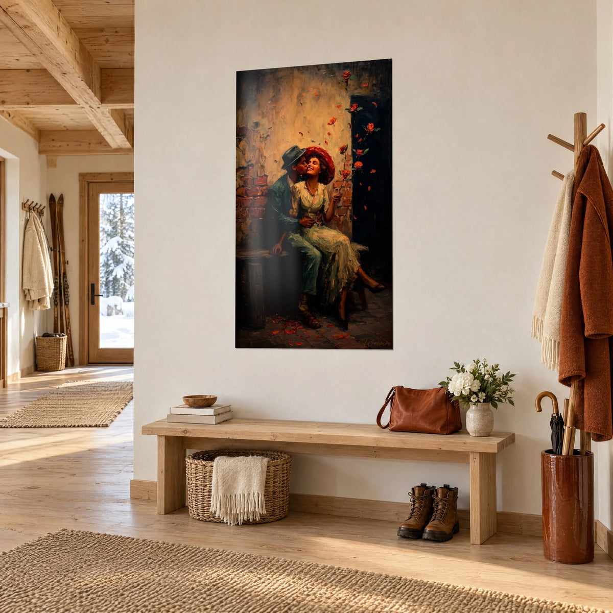 Tableau amoureux enlacés sur un banc de bois, mur de briques ocre et veste bleu pétrole, vu de trois-quarts dans l'entrée d'un chalet