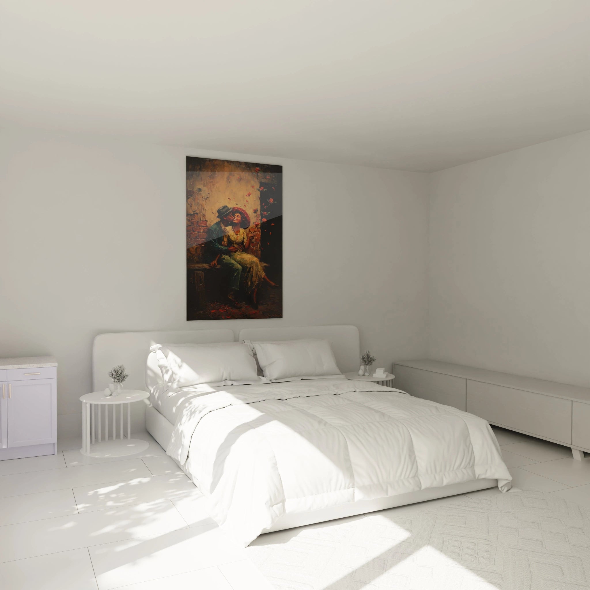 Walensky tableau couple amoureux saint valentin peinture murale romantique vintage au dessus du lit dans chambre blanche