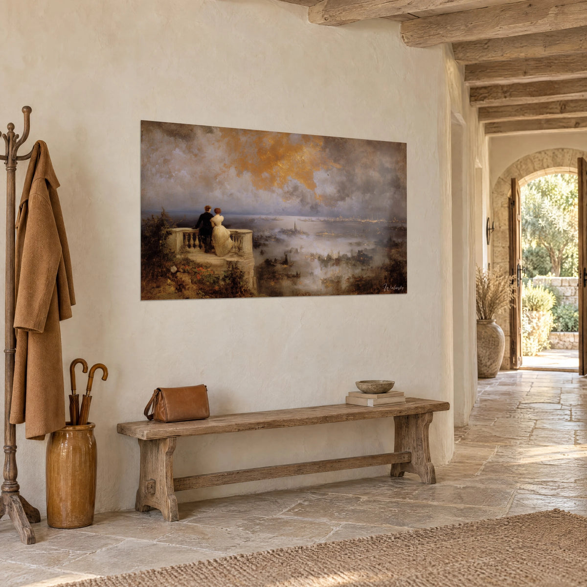 Tableau amoureux accoudés au balcon, robe ivoire et redingote noire, nuages orangés sur la lagune, couloir de pierre claire