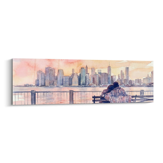 Cuadro Pareja Contemplando los Rascacielos al Atardecer - Intimidad Urbana - Edición Brooklyn