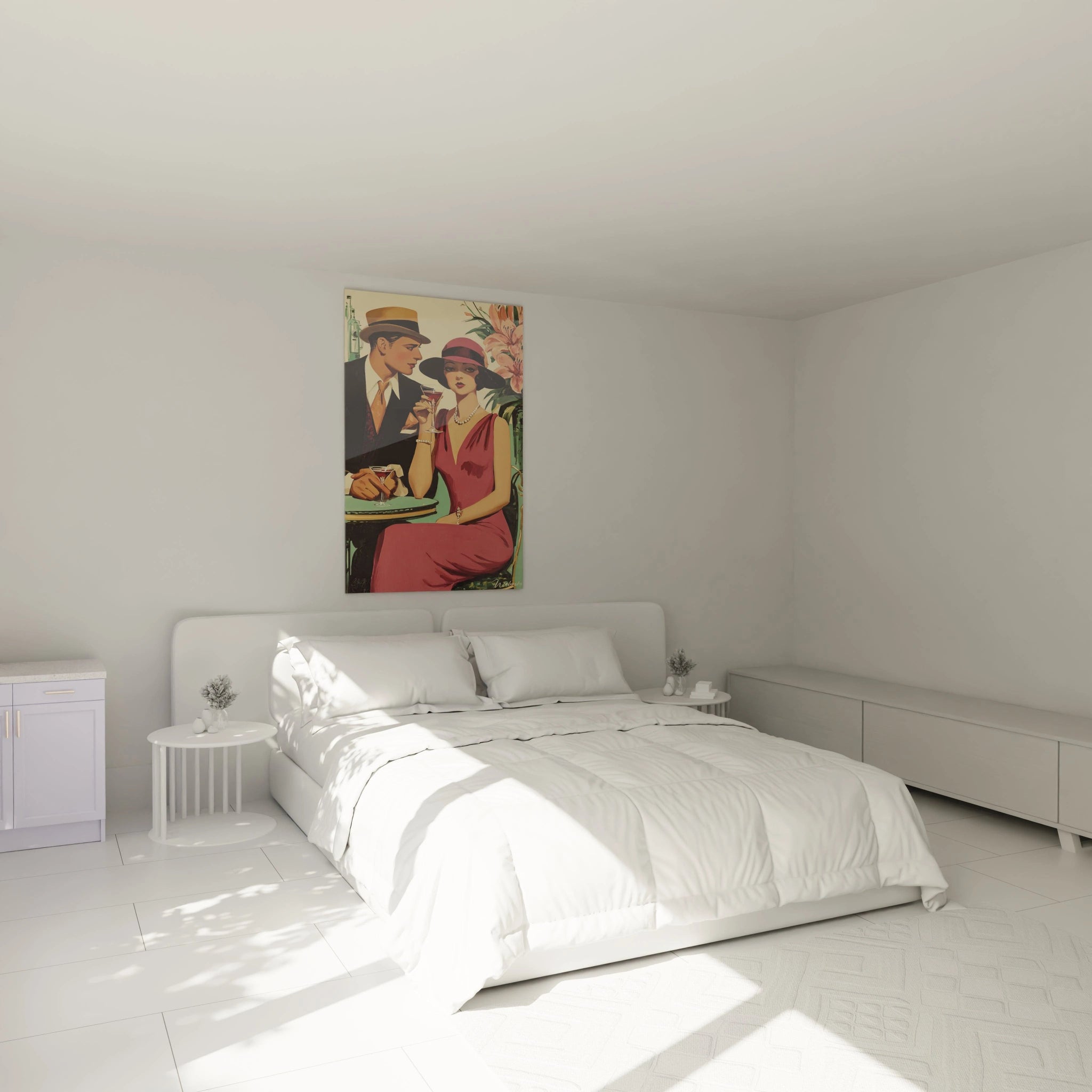 Tableau couple rétro de Walensky accroché au mur dans une chambre minimaliste avec un lit blanc