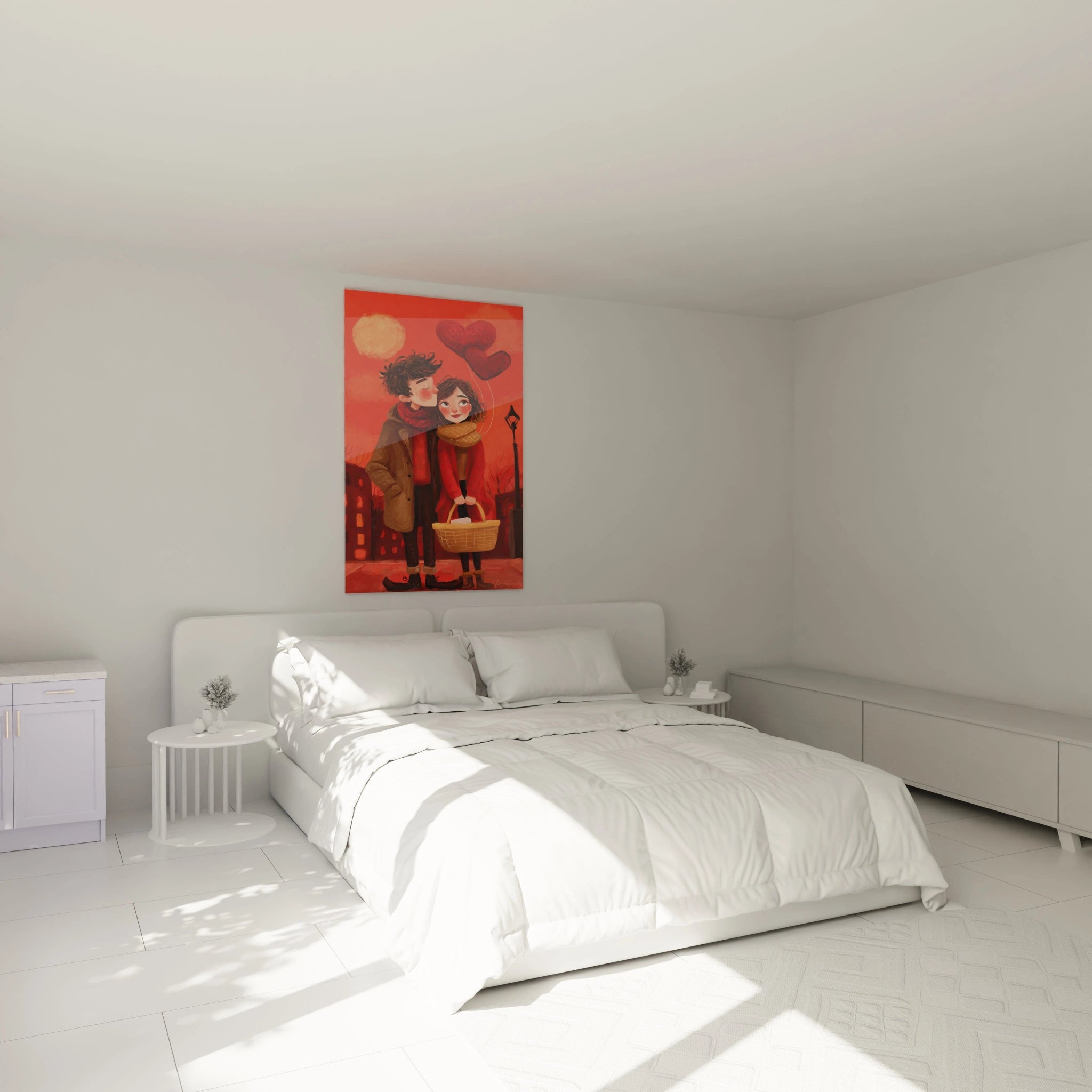 tableau couple romantique saint valentin Walensky affiche murale rouge avec couple amoureux tenant panier au dessus du lit