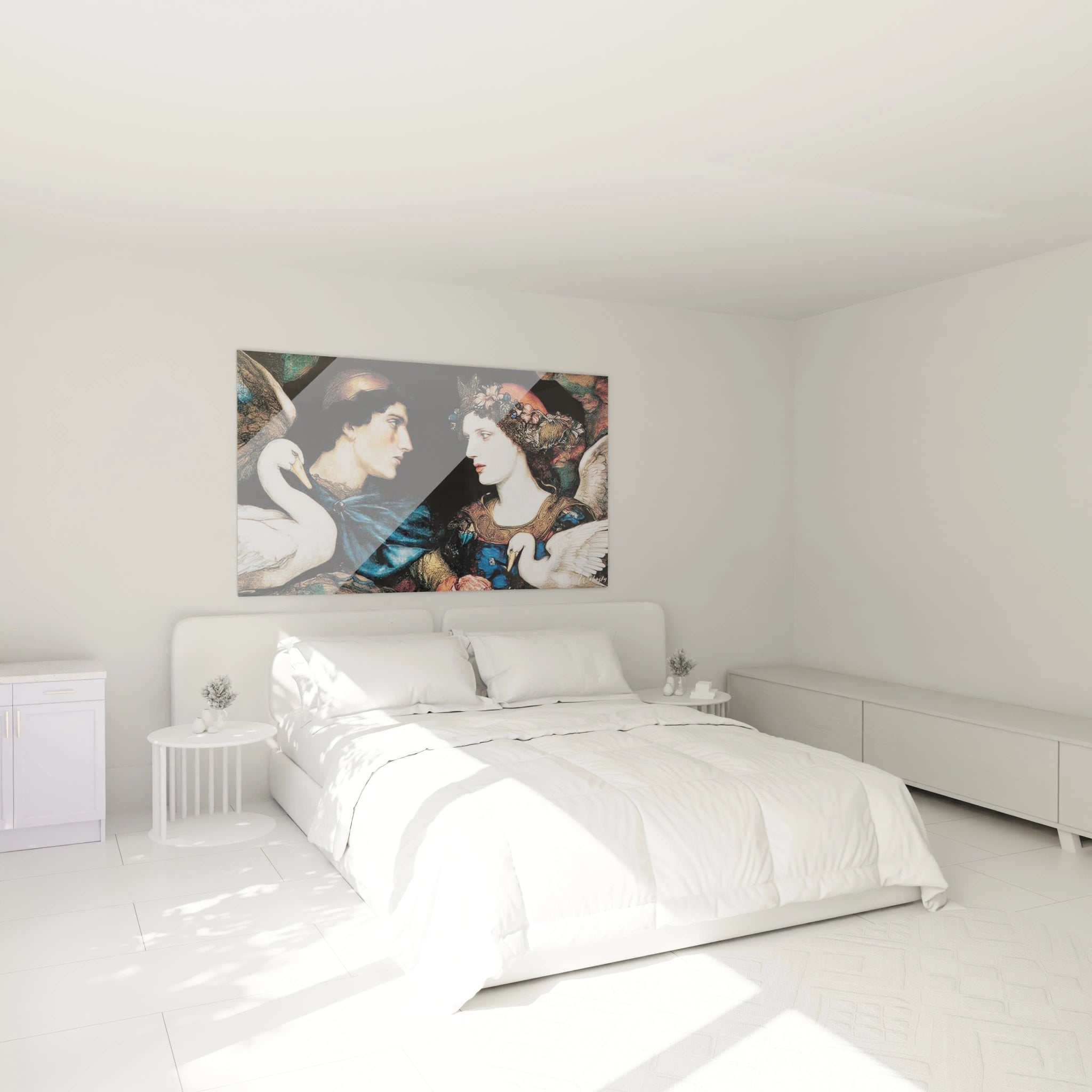 tableau couple cygnes préraphaélite Walensky accroché au dessus d un lit blanc dans une chambre minimaliste lumineuse