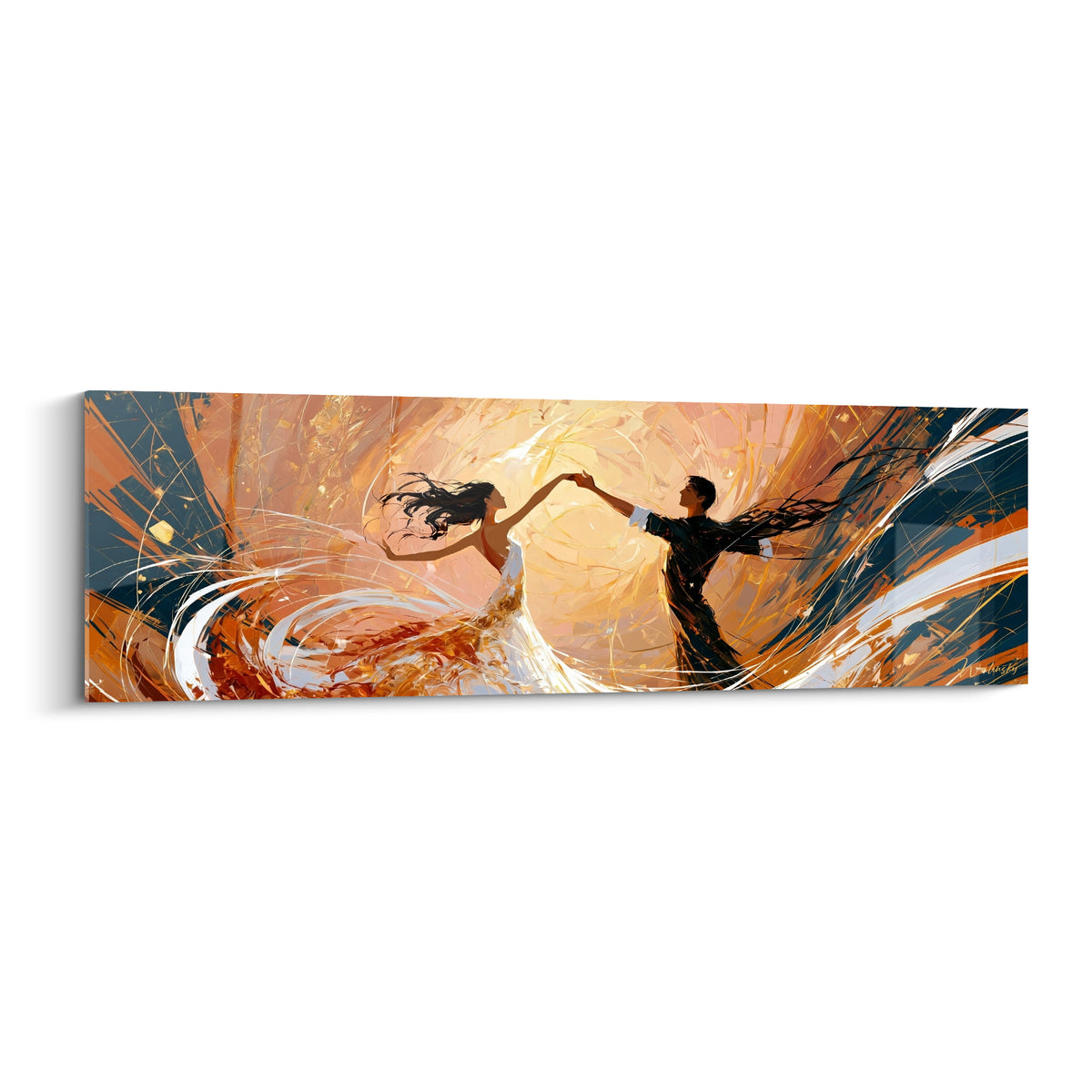 Danseurs enlacés en costume noir et robe blanche sur fond ambre et bleu marine tourbillonnant