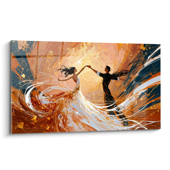 Tableau Danseurs ambre et bleu marine tourbillonnants - Valse enflammée - Edition Couple