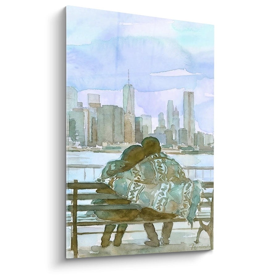 Tableau Couple Enlacé sur Banc face aux Gratte-ciels - Tendresse Urbaine - Edition Brooklyn