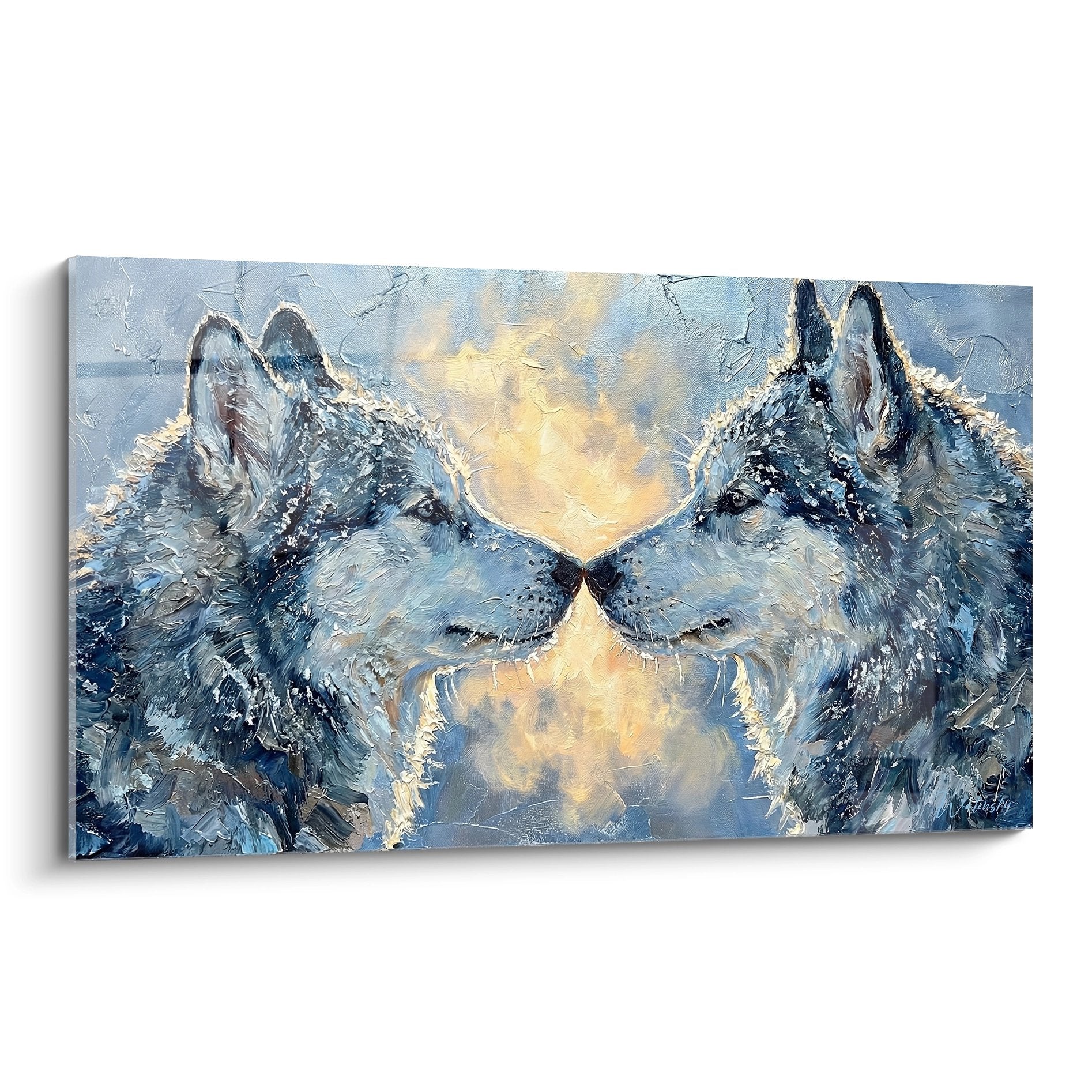 Tableau couple huskys siberiens museaux qui se touchent peinture artistique tons bleus dores