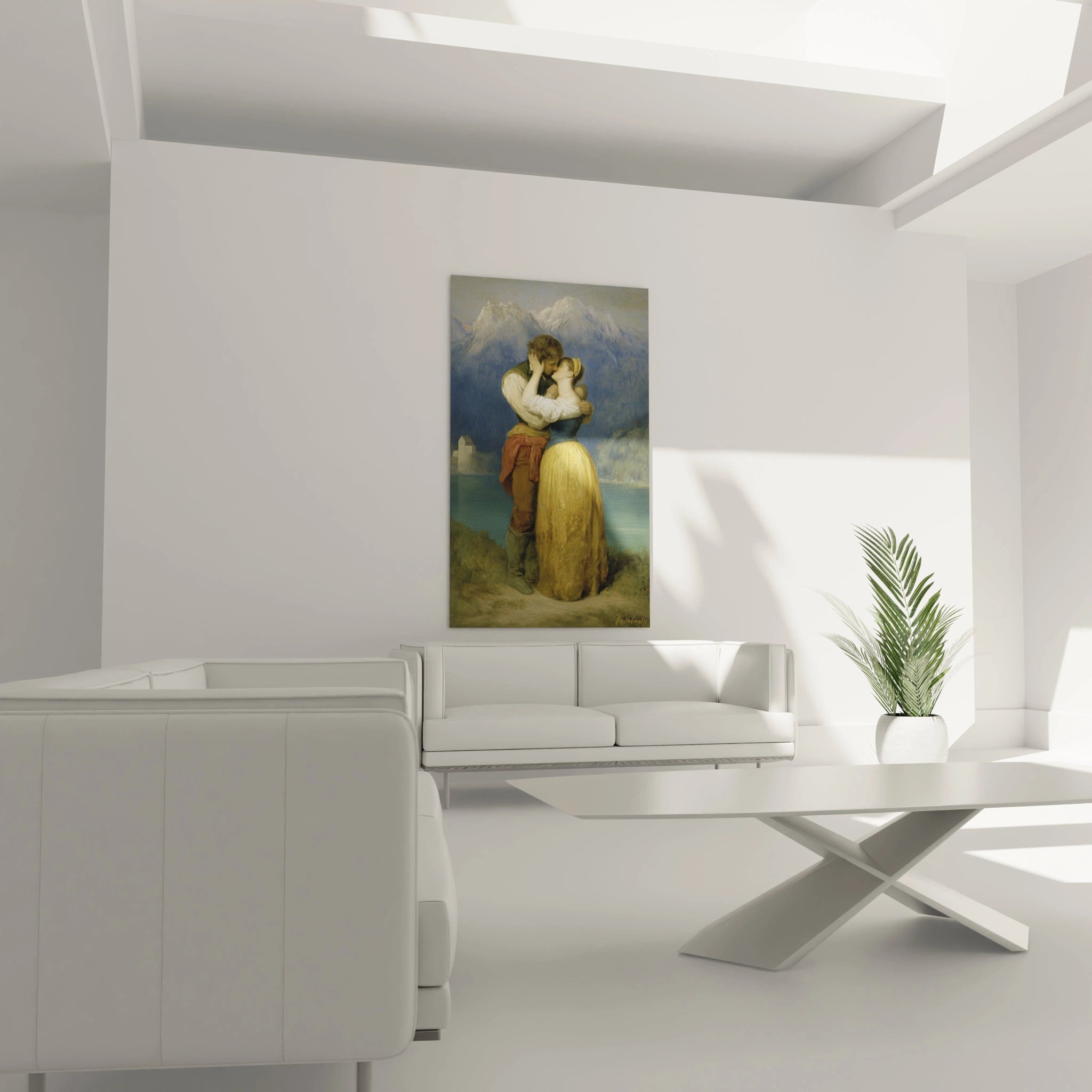 Tableau mural Walensky avec tableau romantique couple alpes enlacé devant des montagnes et un lac dans un salon moderne