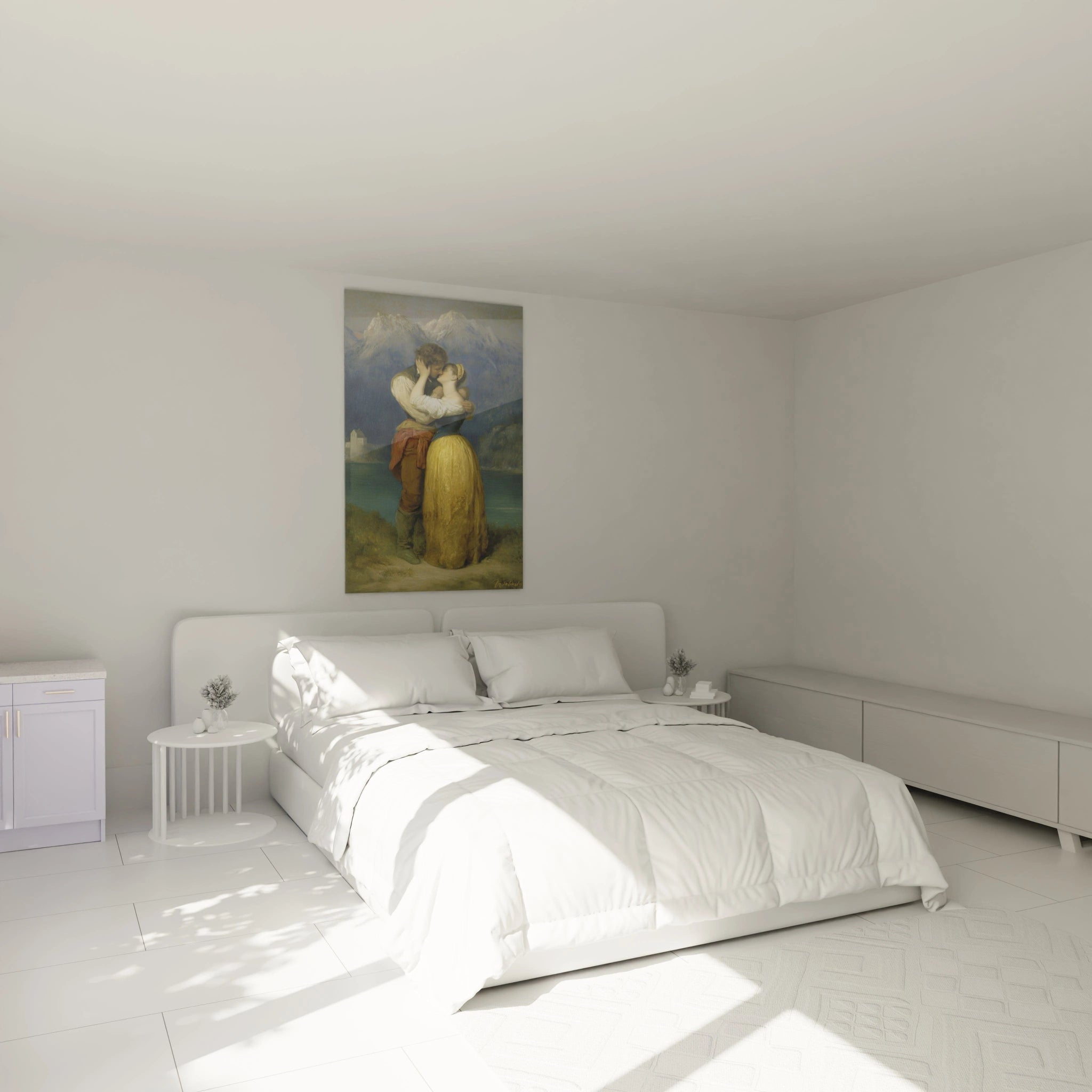 Tableau mural Walensky avec tableau romantique couple alpes embrassant devant lac et montagnes au dessus du lit
