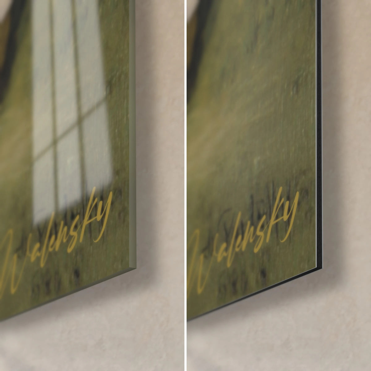 Schilderij romantische kusscène, rechtsonder: gouden handtekening op olijfgroene achtergrond, glanzend glas en mat Dibond, dikte 3 mm
