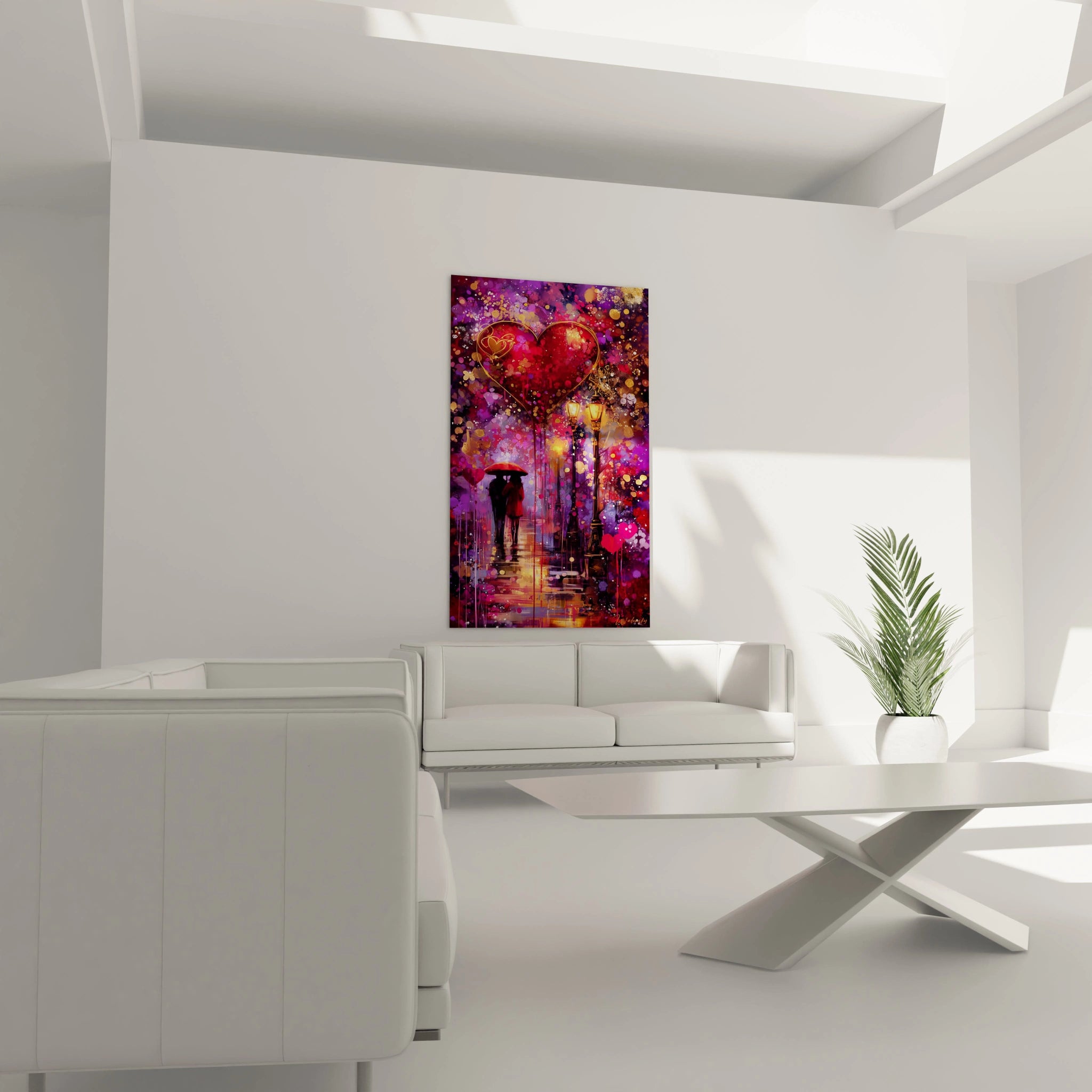 Walensky tableau mural coloré montrant un couple sous un parapluie et un grand coeur rouge tableau couple amoureux saint valentin