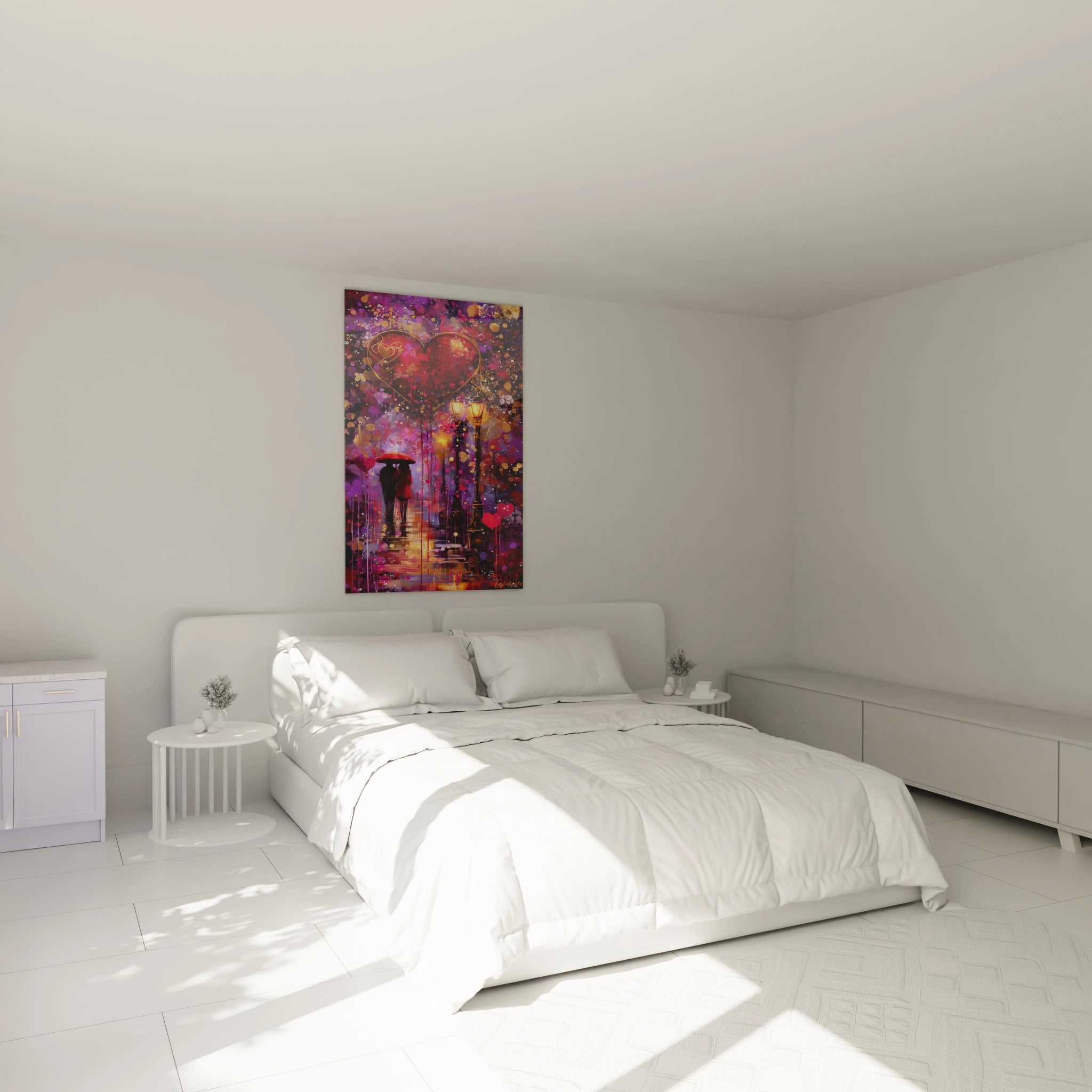 tableau couple amoureux saint valentin Walensky peinture colorée suspendue au dessus d un lit blanc dans une chambre moderne