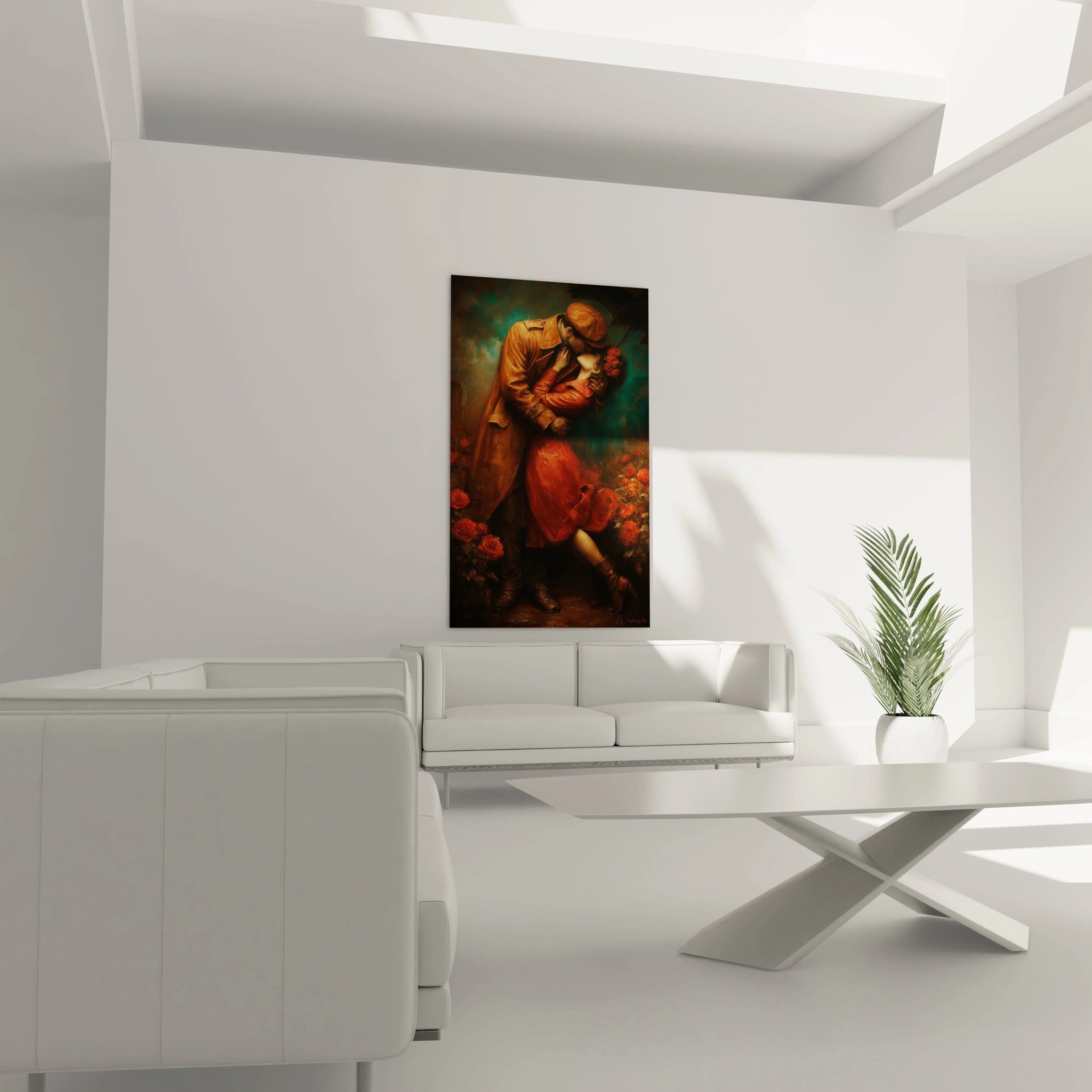Tableau mural Walensky représentant un tableau romantique couple enlacé sur fond floral chaud dans un salon minimaliste blanc