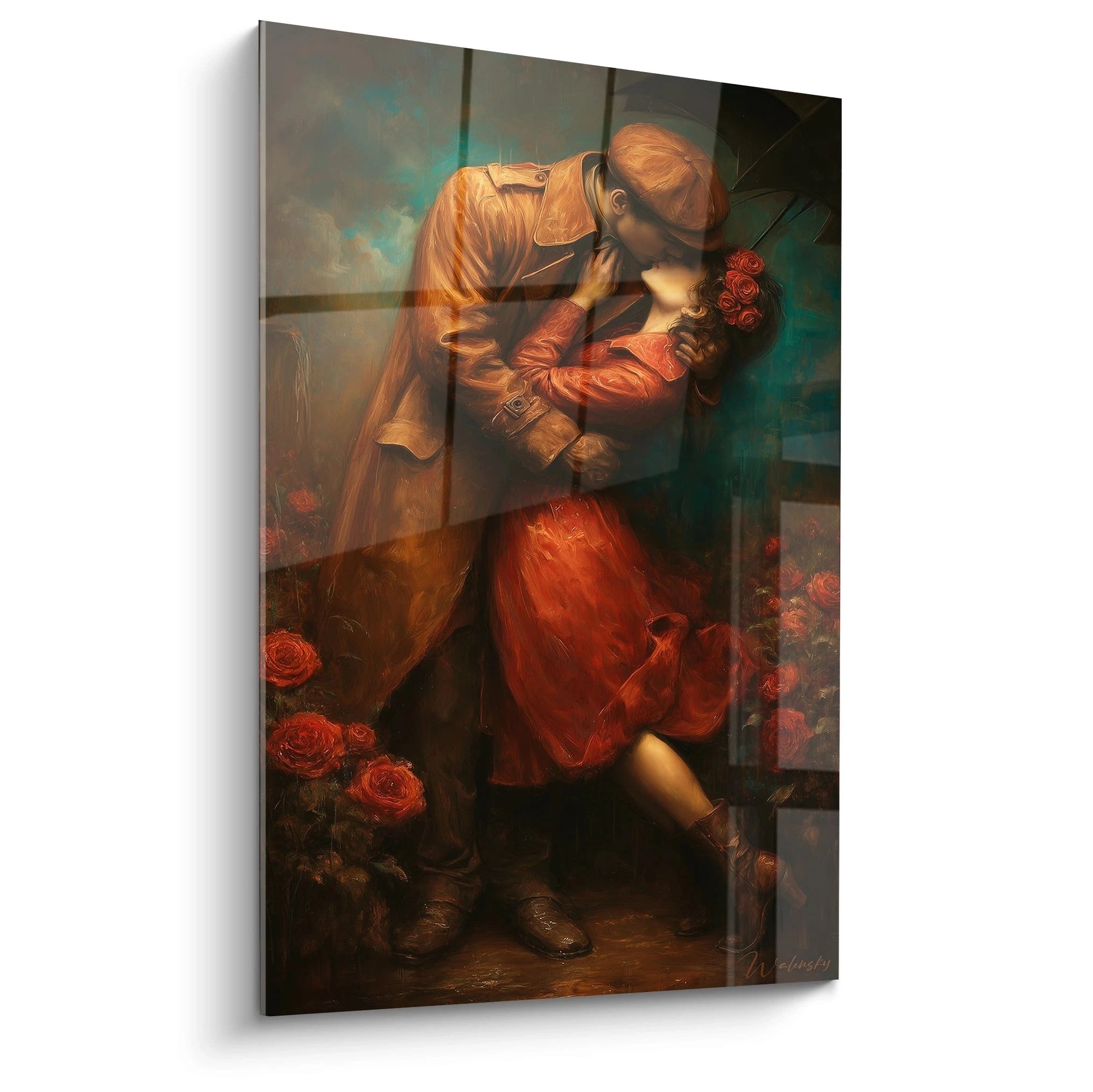 tableau romantique couple Walensky peinture murale baiser sous parapluie femme en robe rouge et roses