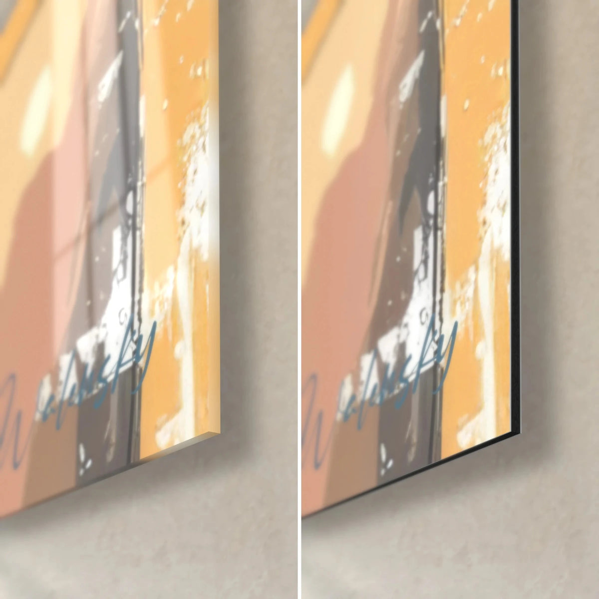 Gemälde Modeporträt der 50er Jahre, glänzende Glasecke unten rechts links, mattes schwarzes Dibond rechts, 3 mm Kante, Orange- und Blautöne
