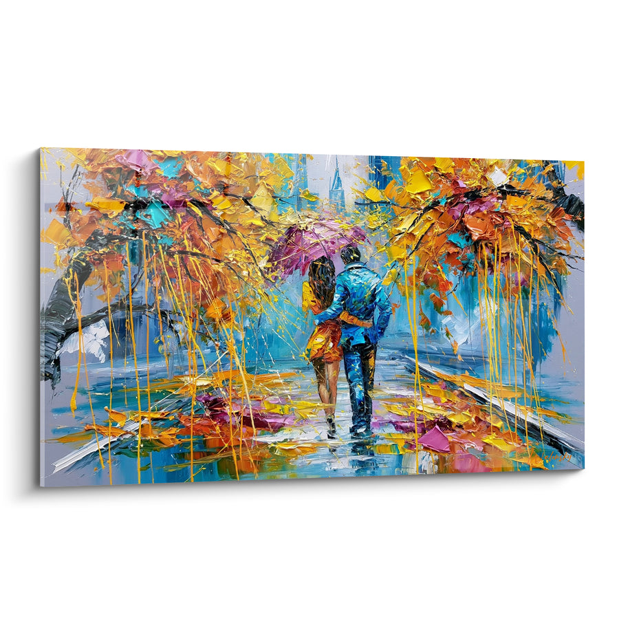 Tableau Amoureux sous parapluie doré et bleu - Étreinte sous la pluie - Edition Couple