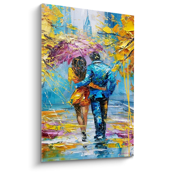 Tableau Couple sous parapluie violet et jaune - Promenade amoureuse - Edition Couple
