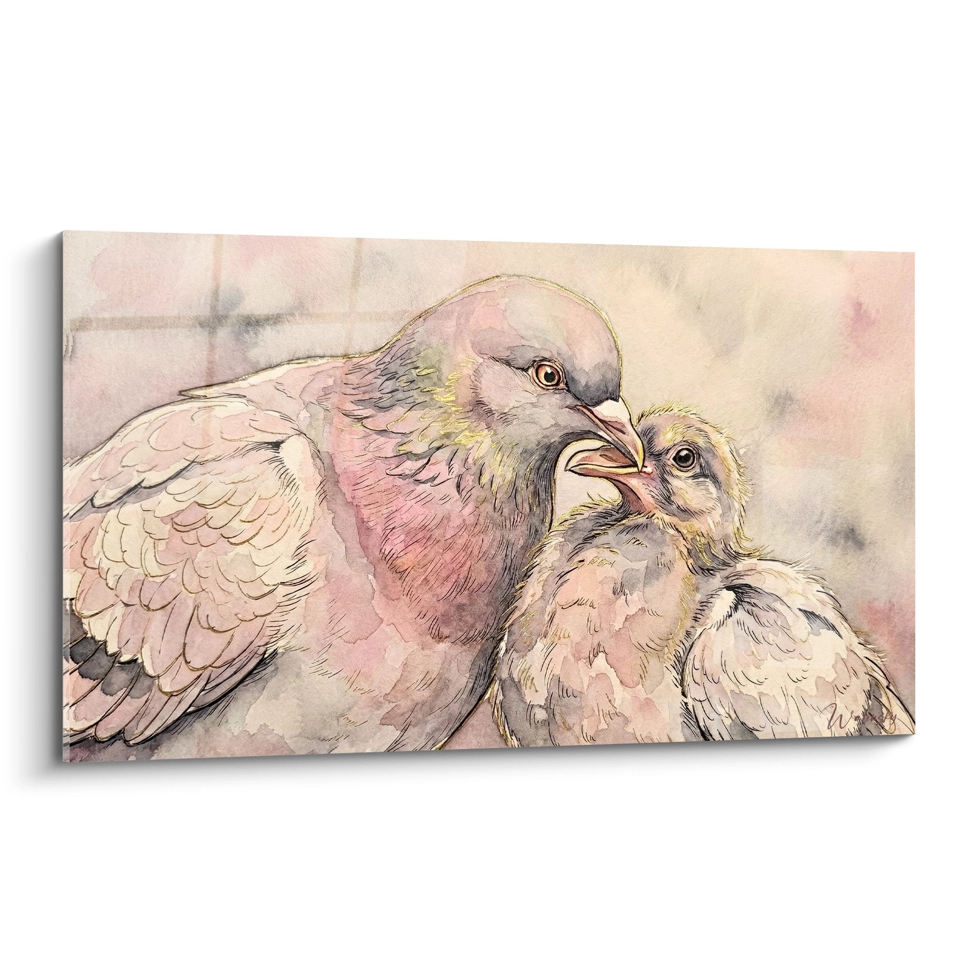 Aquarellgemälde zartes Taubenpaar in Rosa- und Grautönen beim Füttern Erwachsener und junger Vogel Taubenedition