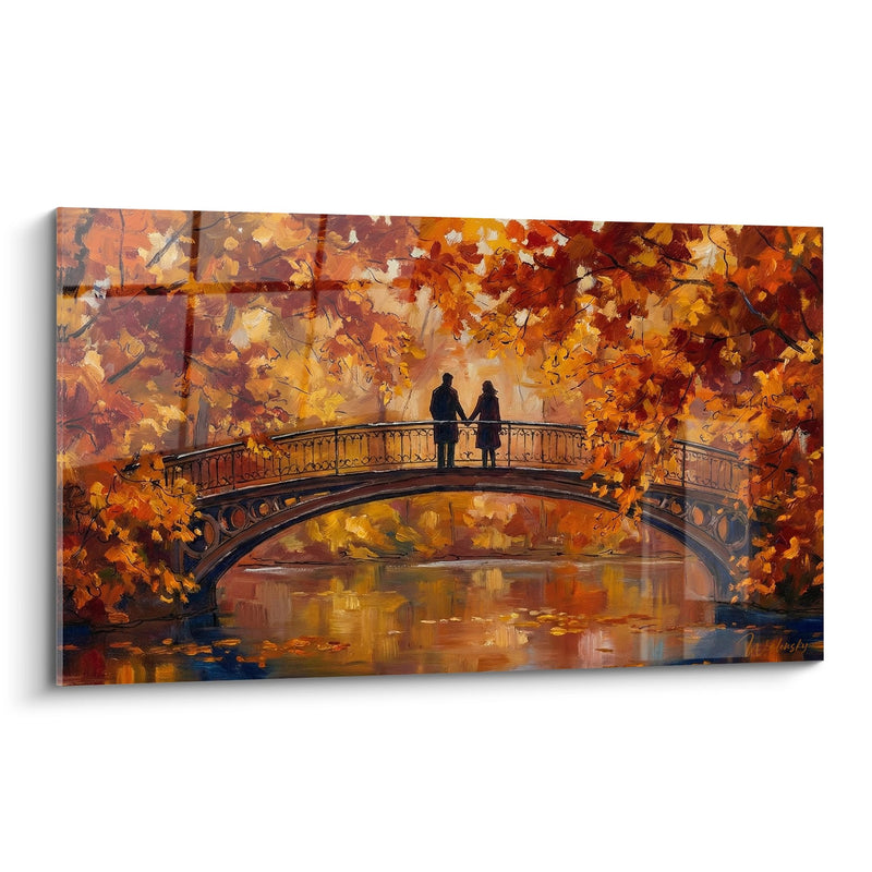 Tableau couple sur pont automnal tons dorés et oranges - Romantisme automnale - Edition Manhattan