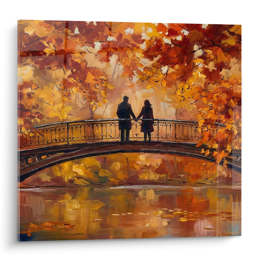 Tableau Couple sur Pont Automnal Tons Dorés et Oranges - Romance d'Automne - Edition Manhattan