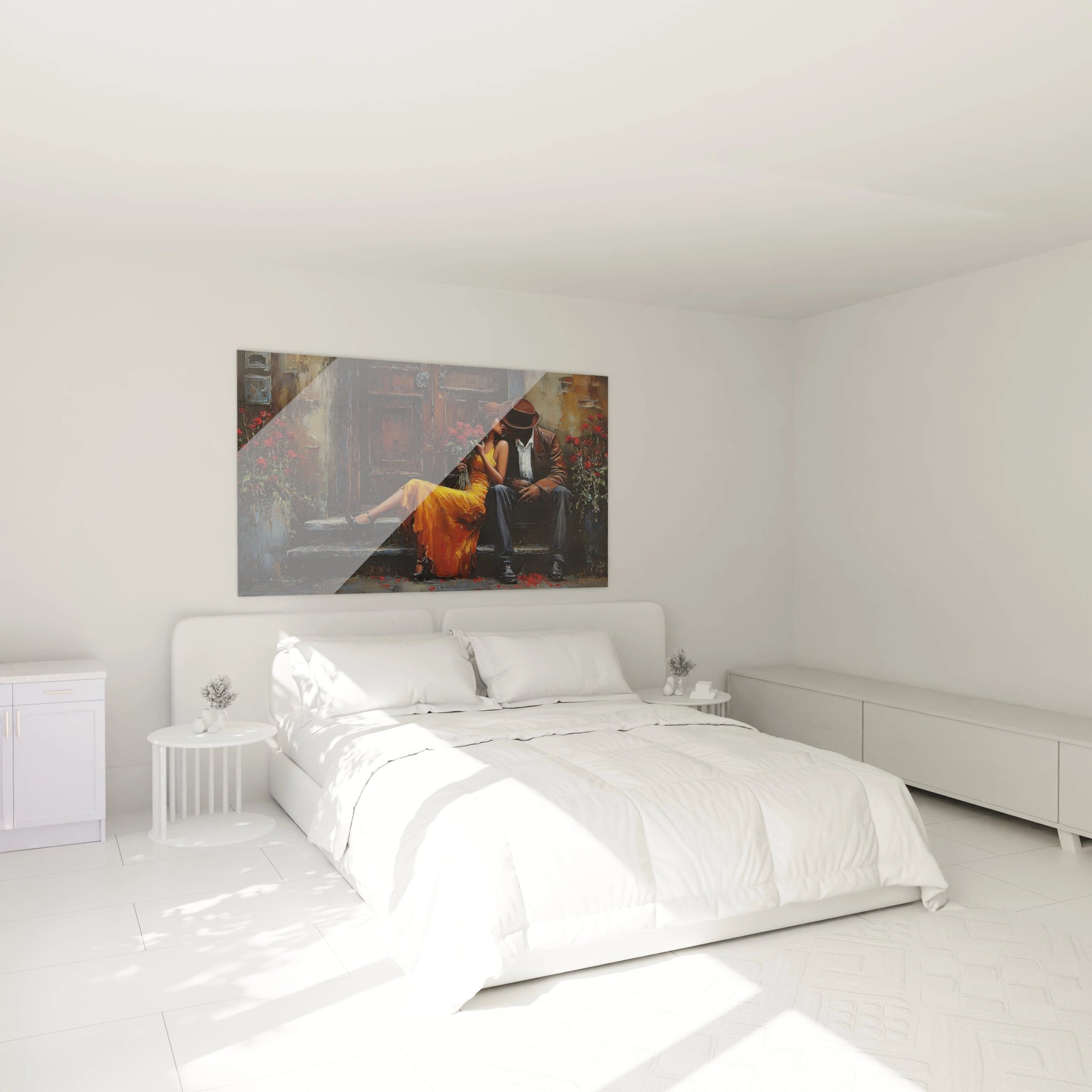 tableau couple romantique Walensky au dessus d un lit blanc minimaliste peinture coloree d un couple assis