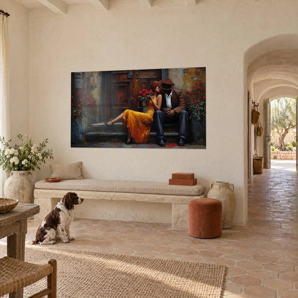 Wall art romantic kiss in front of a brown wooden door, scarlet flowers and ochre dress, wall of a Provençal farmhouse with a spaniel