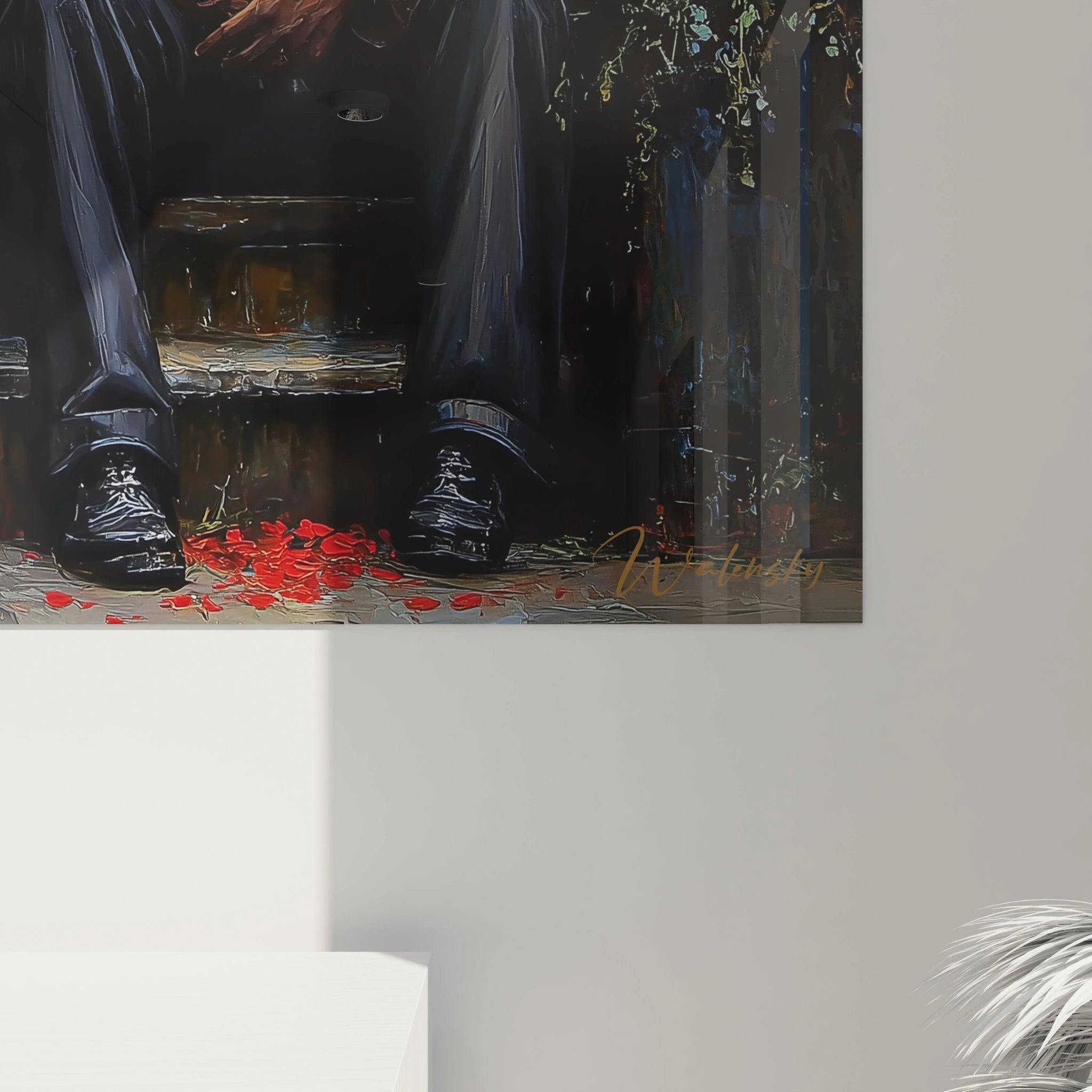 tableau couple romantique Walensky montrant jambes d'homme assis en costume chaussures noires et pétales de rose rouges