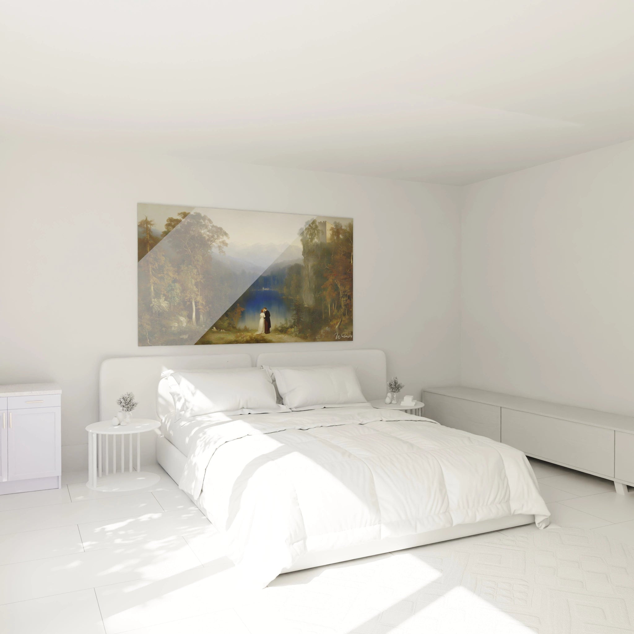 Walensky tableau mural tableau couple romantique paysage au bord du lac accroche au dessus lit blanc minimaliste