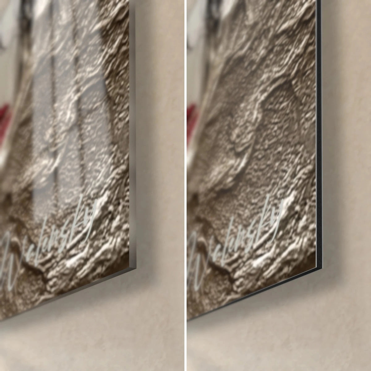 Tableau valseurs sous la neige dorée, relief or et crème, verre brillant à gauche, Dibond mat à droite, tranche de 3 mm