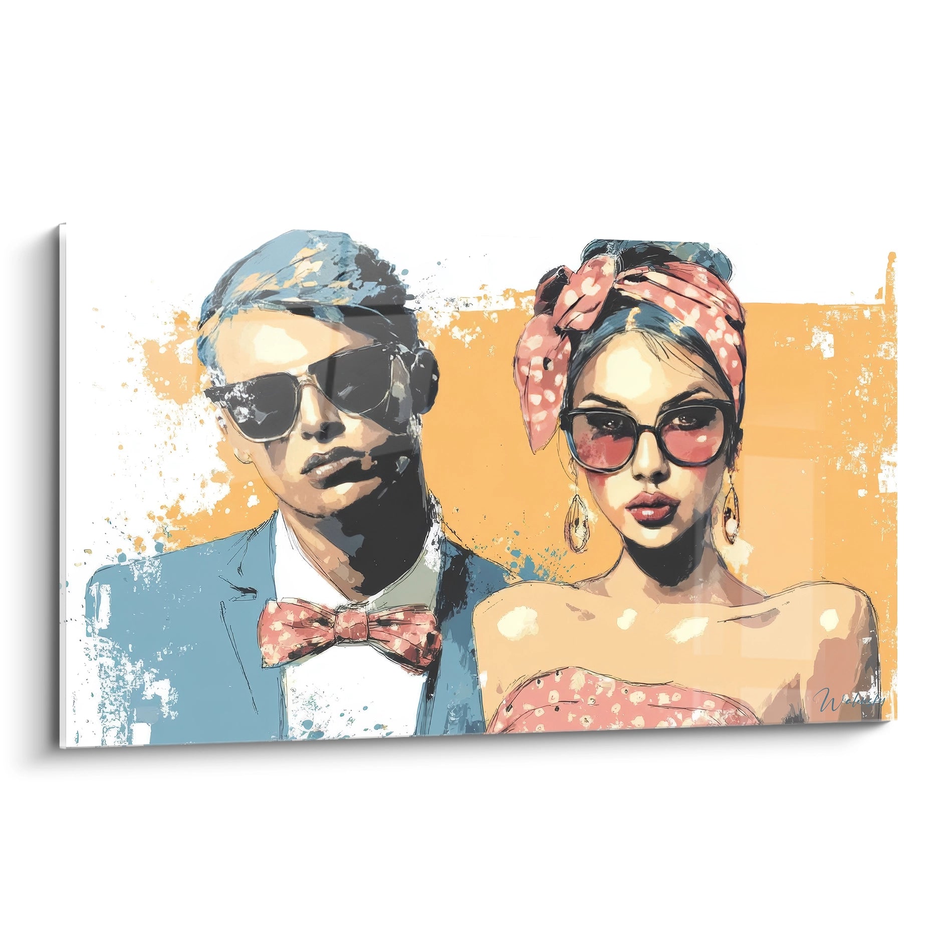 Tableau couple style années 50 avec des vêtements rétro et des lunettes de soleil élégantes