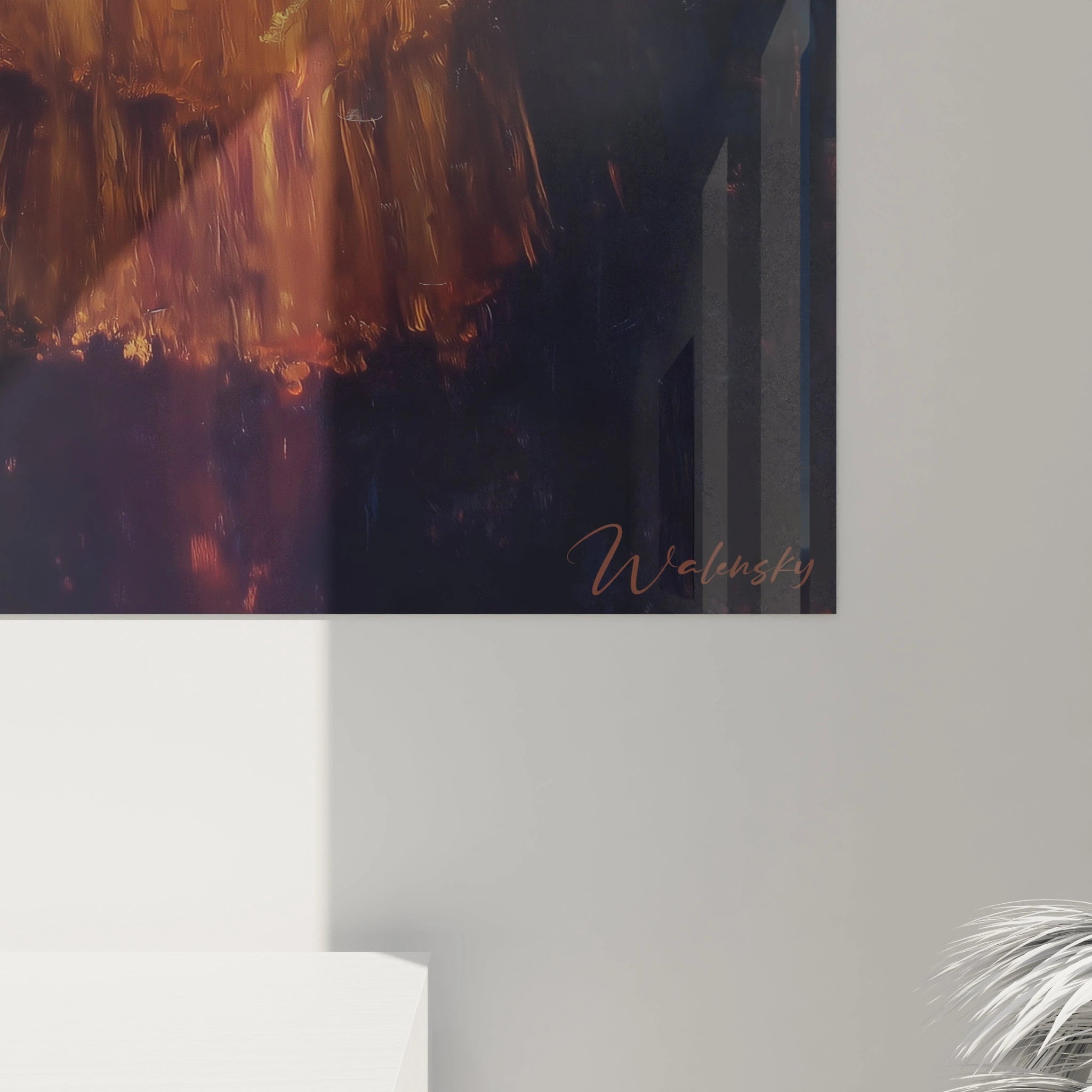 Tableau mural Walensky montrant le coin d'une oeuvre abstraite aux tons chauds et signature visible tableau couple romantique