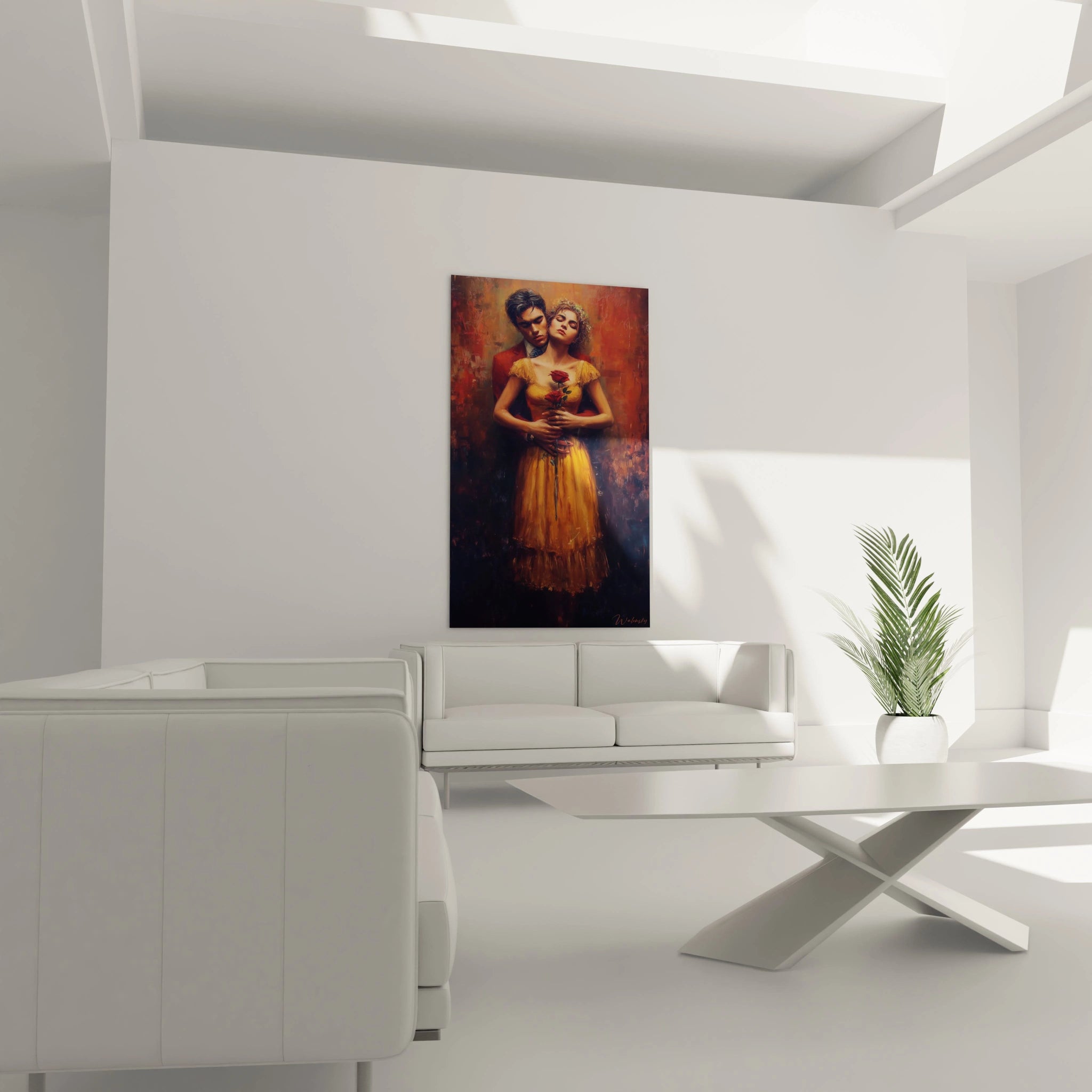 Tableau mural Walensky tableau couple romantique peinture montrant un couple enlacé aux tons chauds dans salon blanc moderne