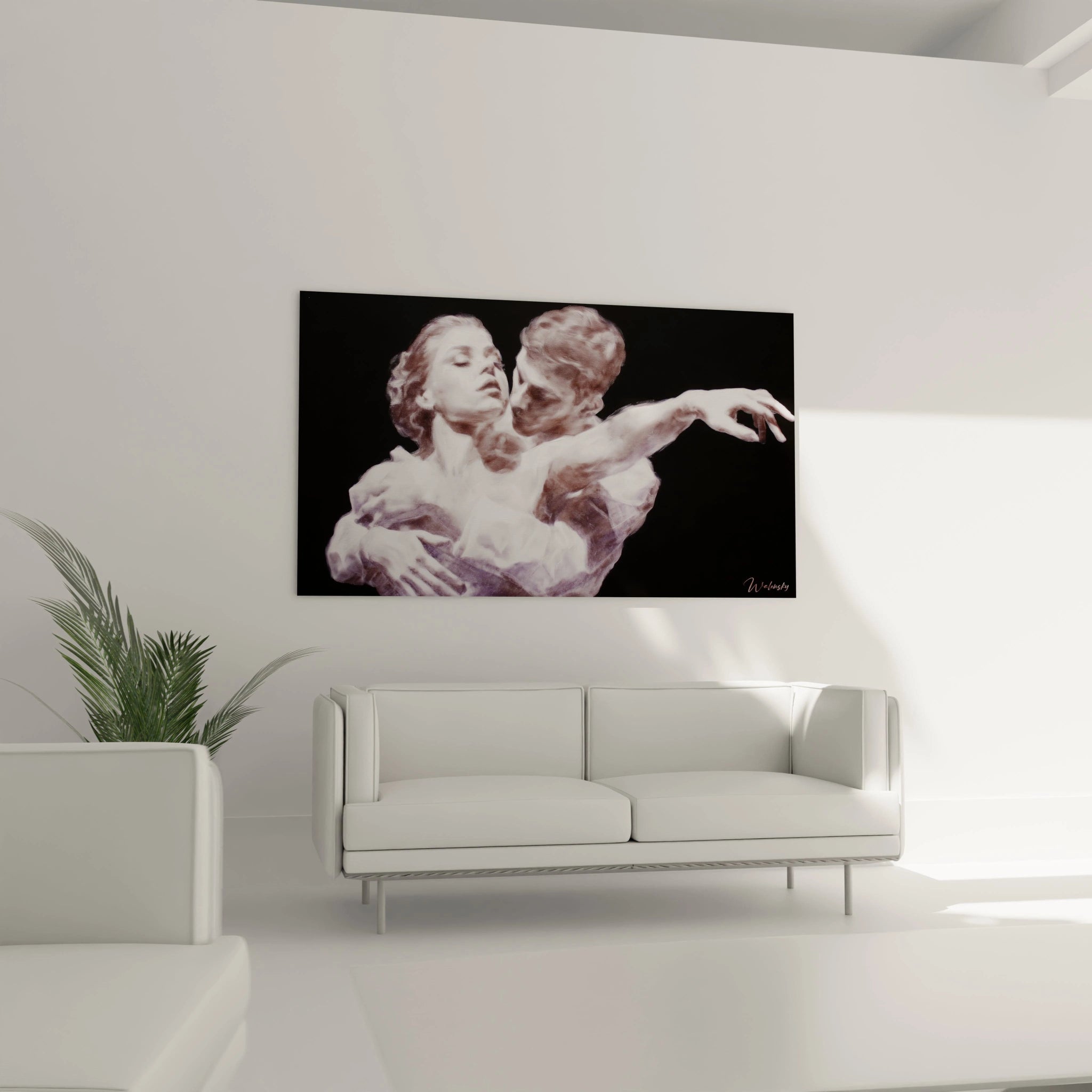 tableau couple hyperréalisme Walensky représentant un couple dansant en tons pastel sur fond noir accroché au mur