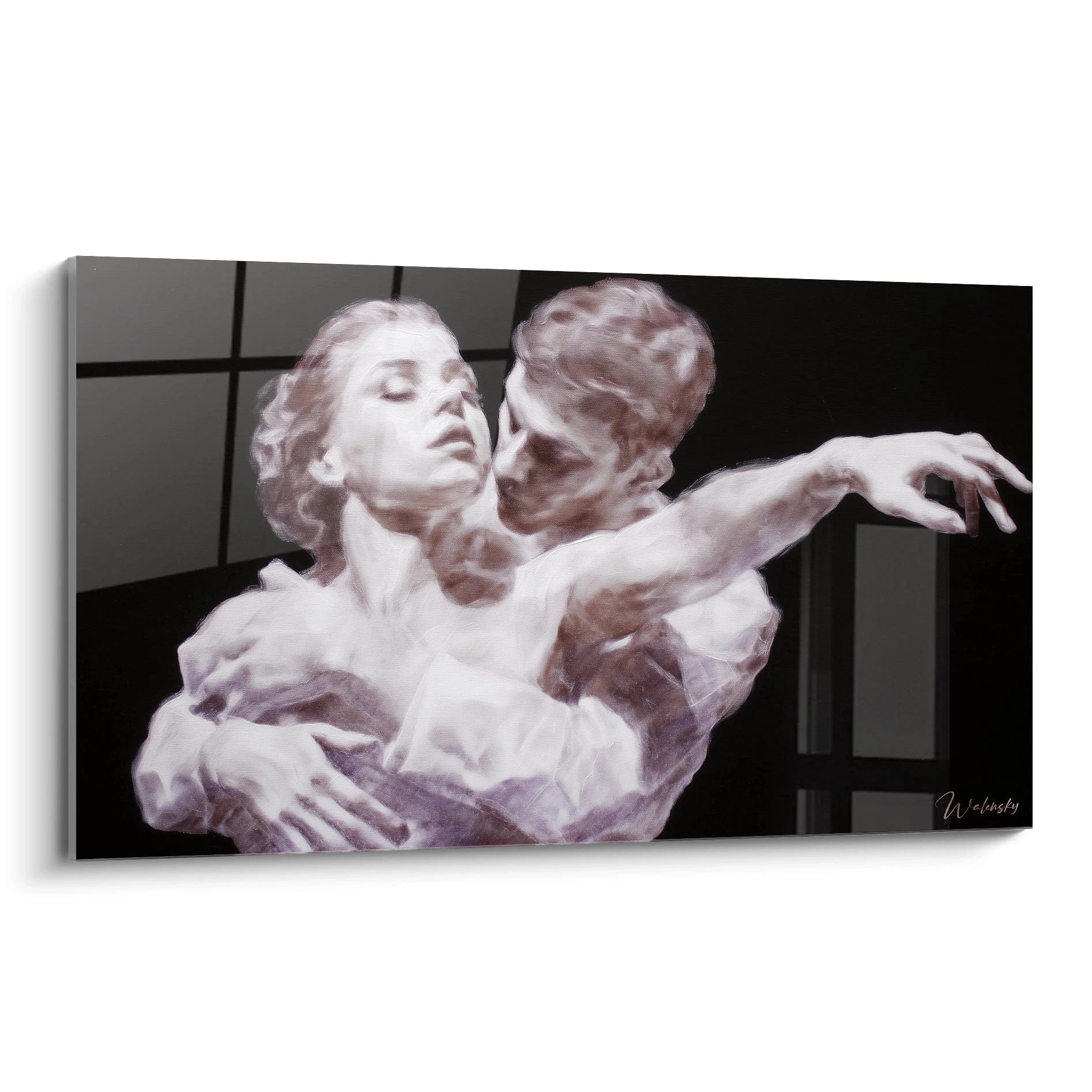 Tableau mural Walensky montrant un tableau couple hyperréalisme de deux figures enlacées en ton lavande sur fond noir