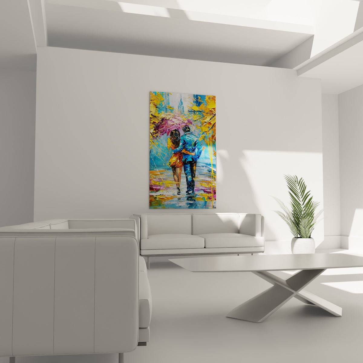 Couple sous parapluie rose et jaune vif, silhouettes bleu marine et terracotta, au-dessus d'un canapé dans un salon lumineux