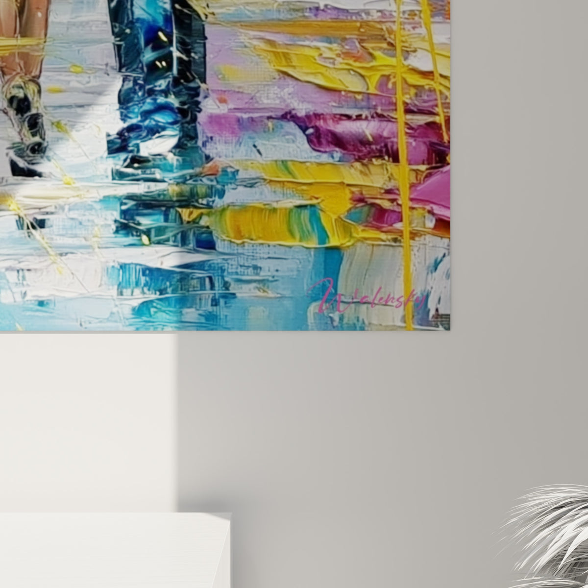 Empâtements dorés et violets se mêlant au bleu turquoise, matière épaisse peinte au couteau sur la toile du couple