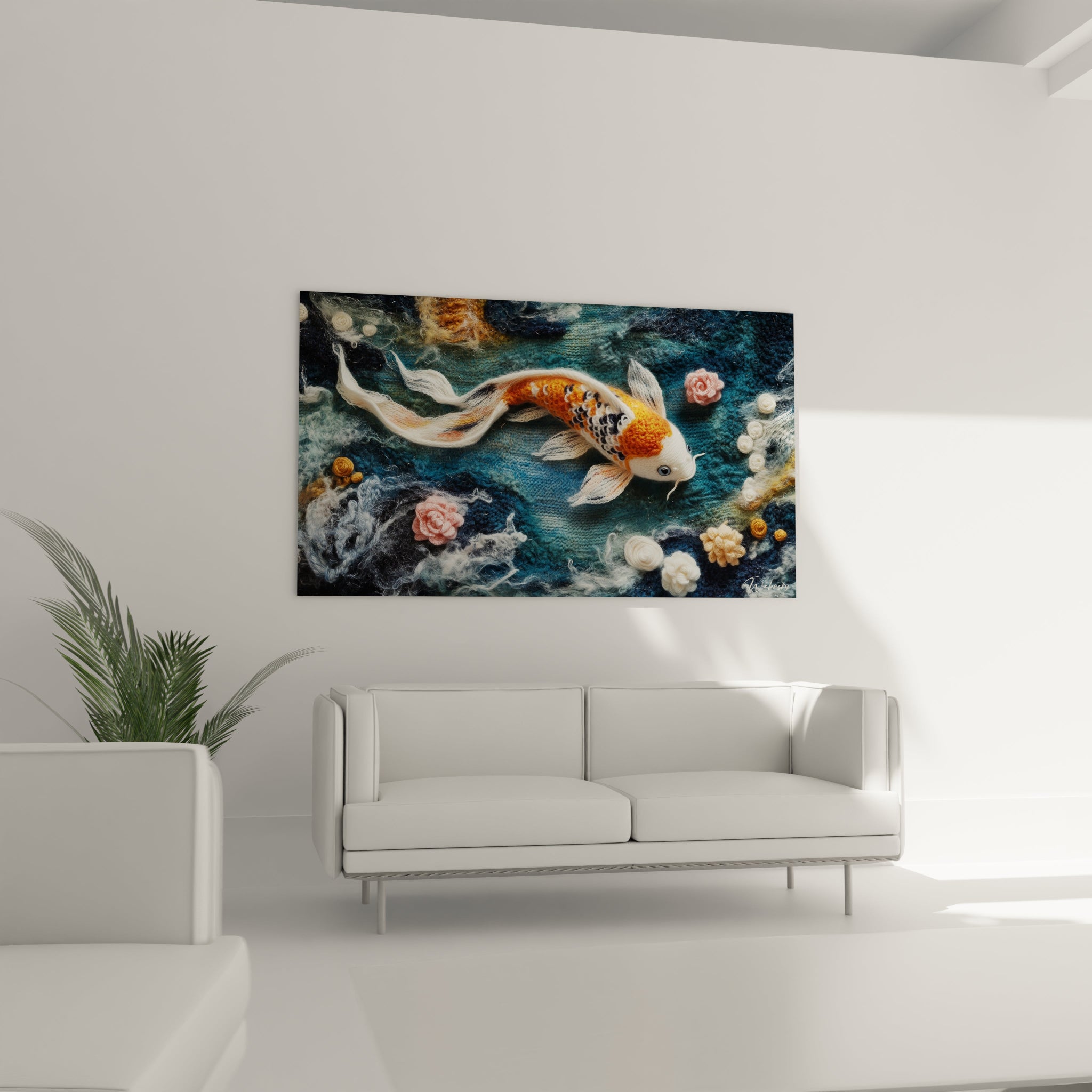 Un tableau textile d'une carpe japonaise blanche et orange, nagent à travers des eaux bleues texturées, avec des éléments floraux roses et blancs disposés autour, créant une composition organique et fluide en relief.
